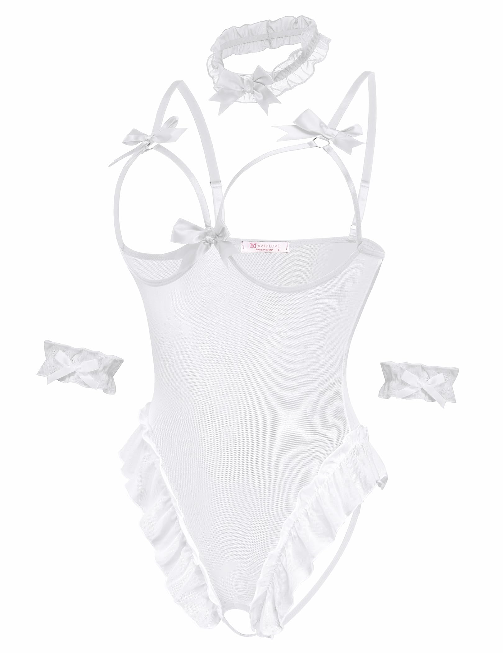 Avidlove Womens Lingerie Bodysuit 4 Piece Set Sheer Mesh Teddy Babydoll with Detachable Collar and Wrist Cuffs