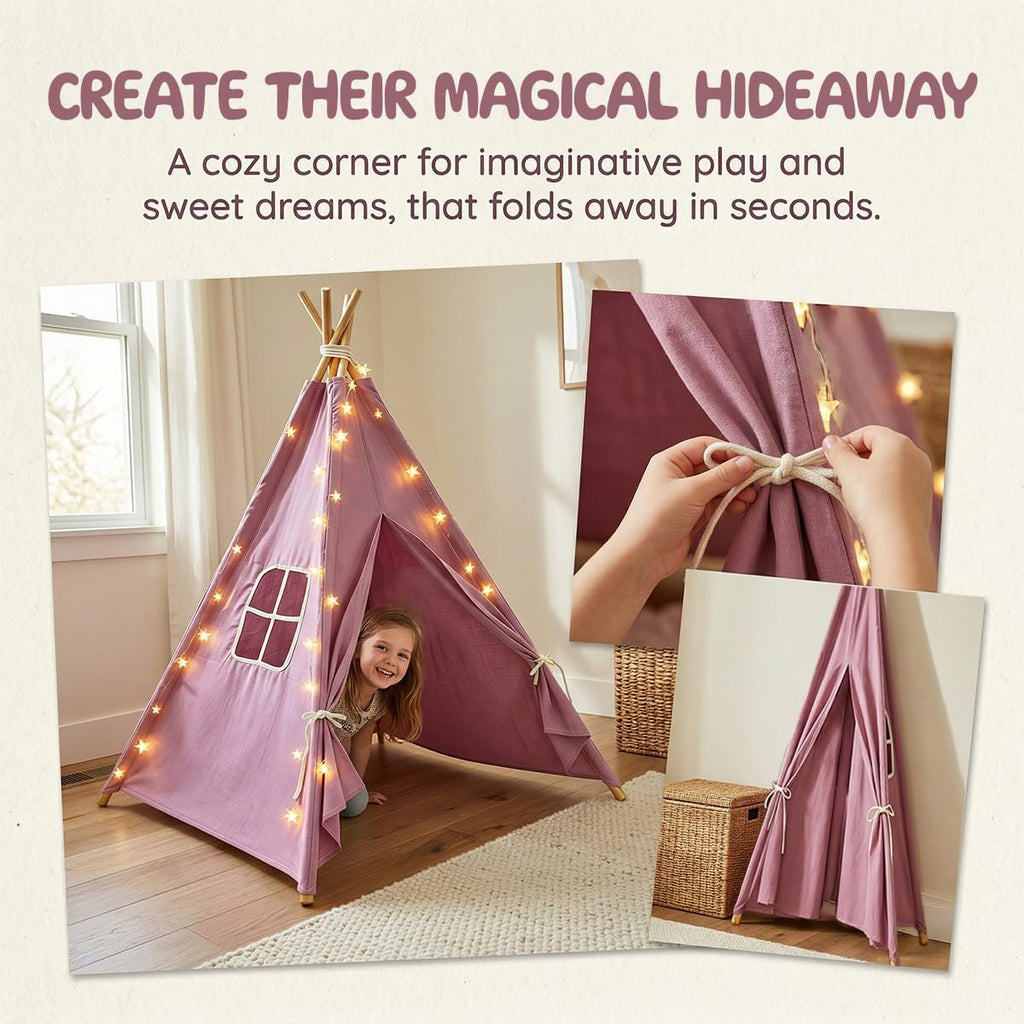 6 Pack Teepee Tent for Kids,Collapsible Kids Teepee Tent with 10 Ft String Lights,White Kid Teepee Boys Girls Indoor Outdoor Slumber Party Sleepover Party