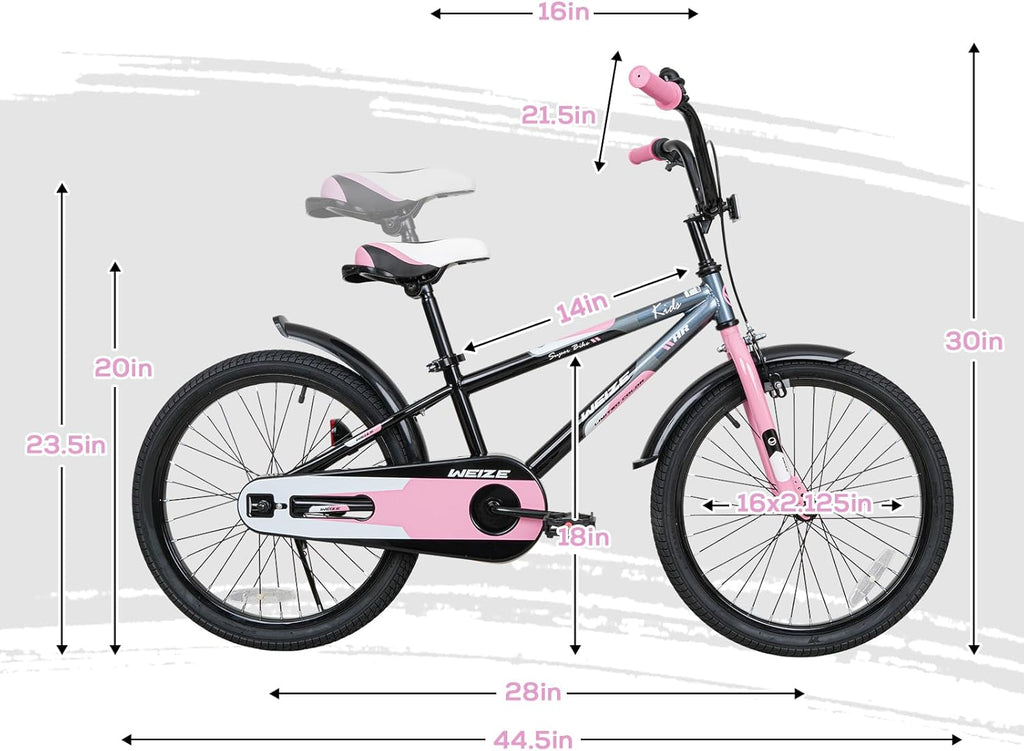 WEIZE Kids Bike, 20 Inch Children Bicycle for Boys & Girls Ages 6-12 Years Old, Rider Height 48-60 Inch, Adjustable Seat & Handlebars, Coaster Brake, Pinkblack