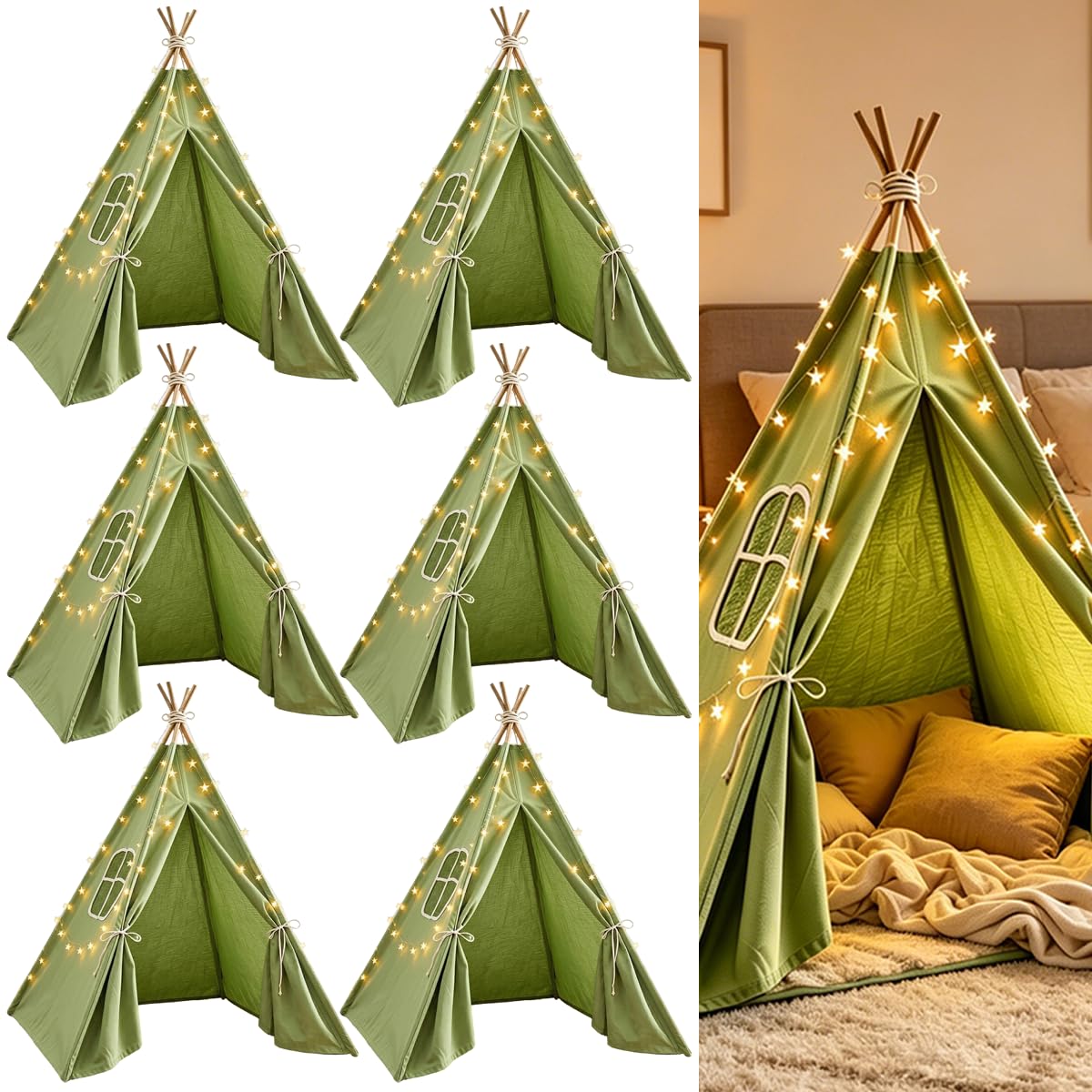 6 Pack Teepee Tent for Kids,Collapsible Kids Teepee Tent with 10 Ft String Lights,White Kid Teepee Boys Girls Indoor Outdoor Slumber Party Sleepover Party