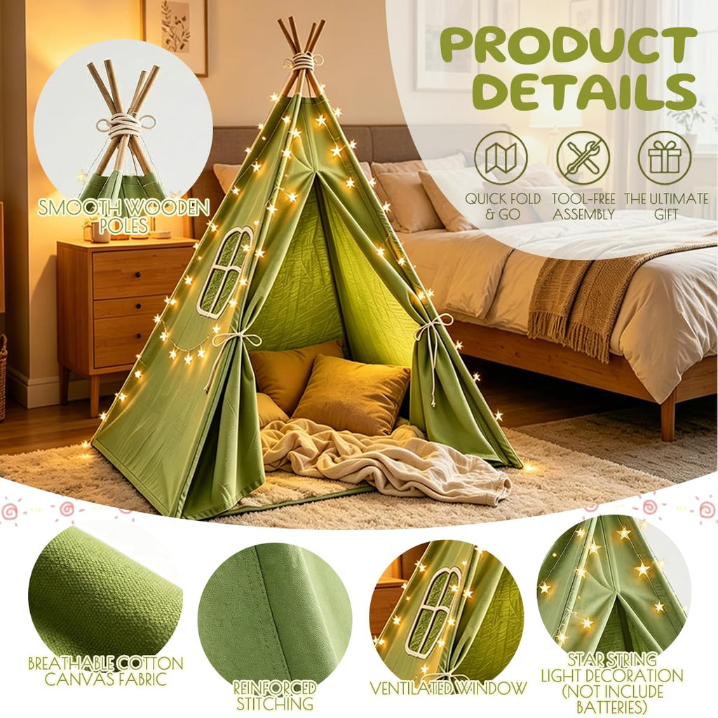 6 Pack Teepee Tent for Kids,Collapsible Kids Teepee Tent with 10 Ft String Lights,White Kid Teepee Boys Girls Indoor Outdoor Slumber Party Sleepover Party