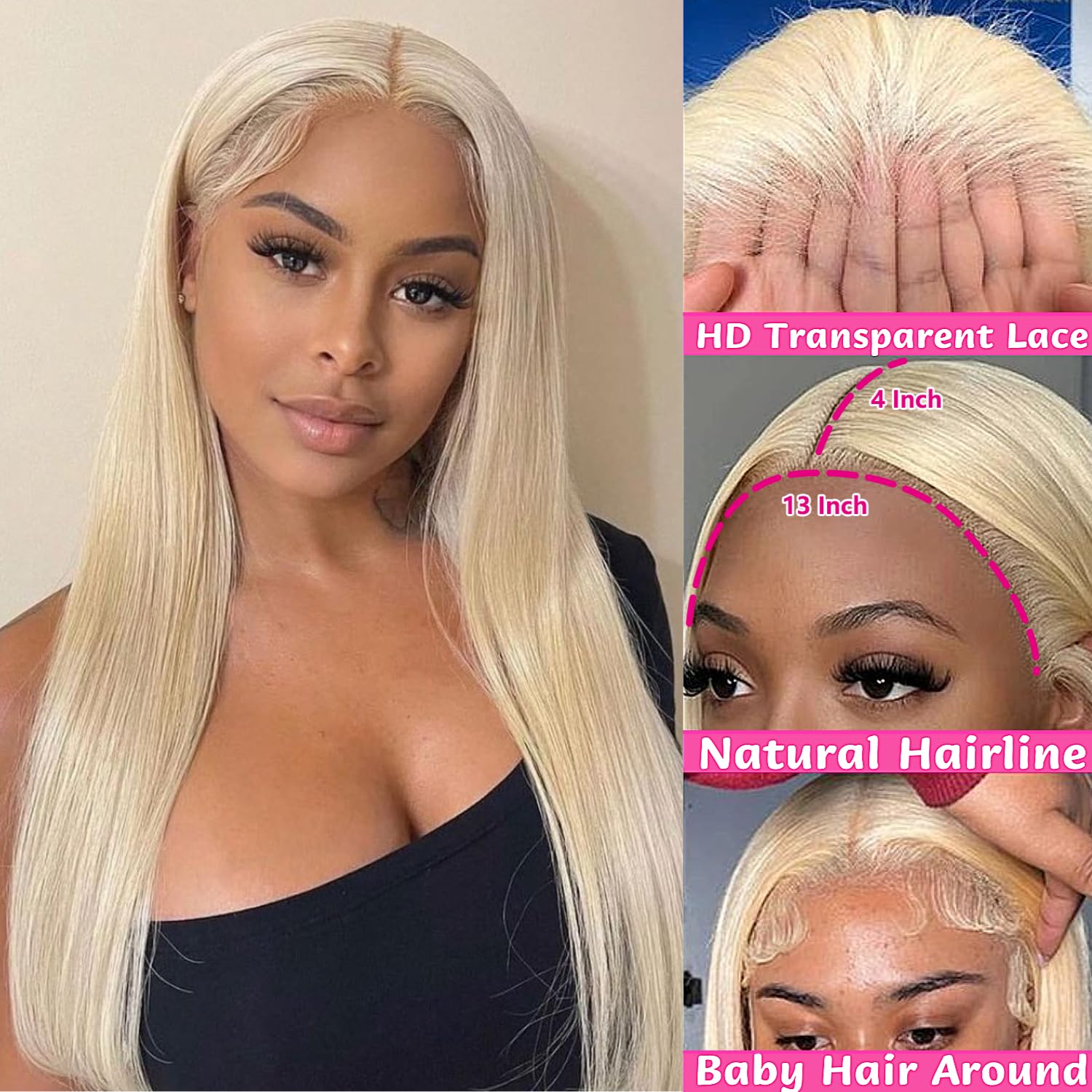 GZX 26 Inch 613 Lace Front Wig Human Hair 13X4 Blonde Straight HD Transparent Lace Frontal Wigs Human Hair Pre Plucked with Baby Hair 180% Density Blonde Glueless Wigs Human Hair