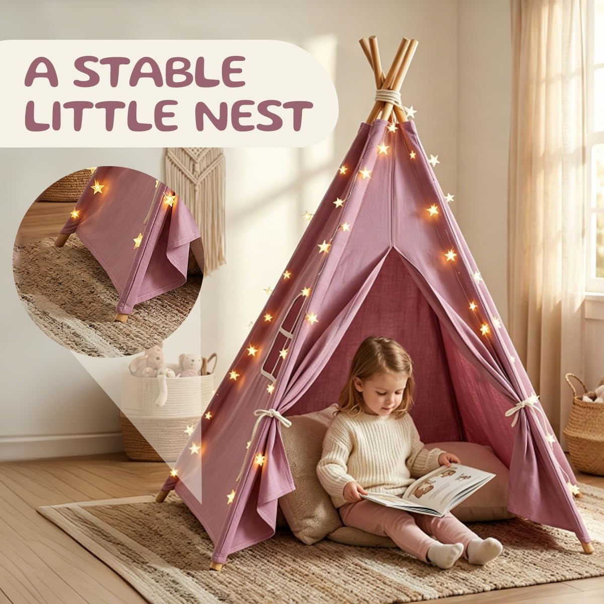 6 Pack Teepee Tent for Kids,Collapsible Kids Teepee Tent with 10 Ft String Lights,White Kid Teepee Boys Girls Indoor Outdoor Slumber Party Sleepover Party