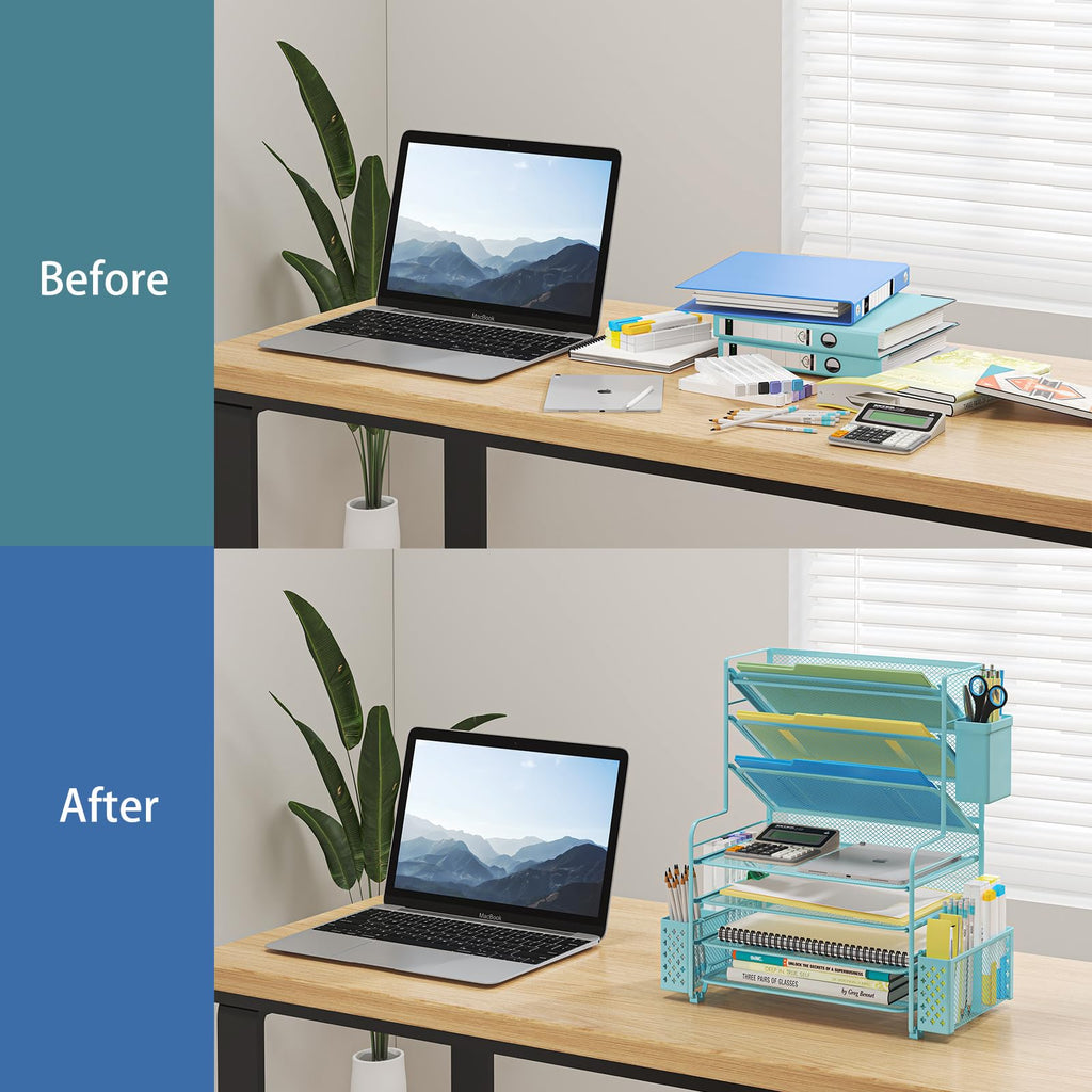 Simple Trending 7 Tier Desk File Organizer, Letter Tray Paper Organizer with Pen Holder and Metal Hanging Basket, Pink