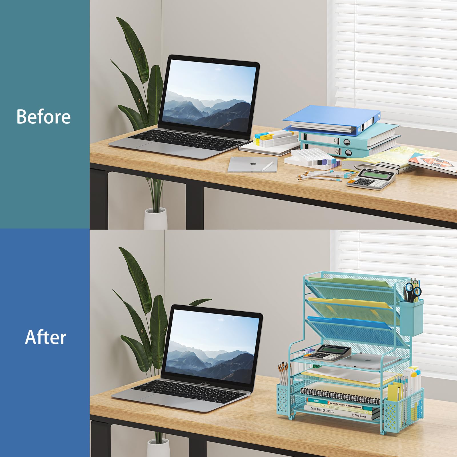 Simple Trending 7 Tier Desk File Organizer, Letter Tray Paper Organizer with Pen Holder and Metal Hanging Basket, Pink