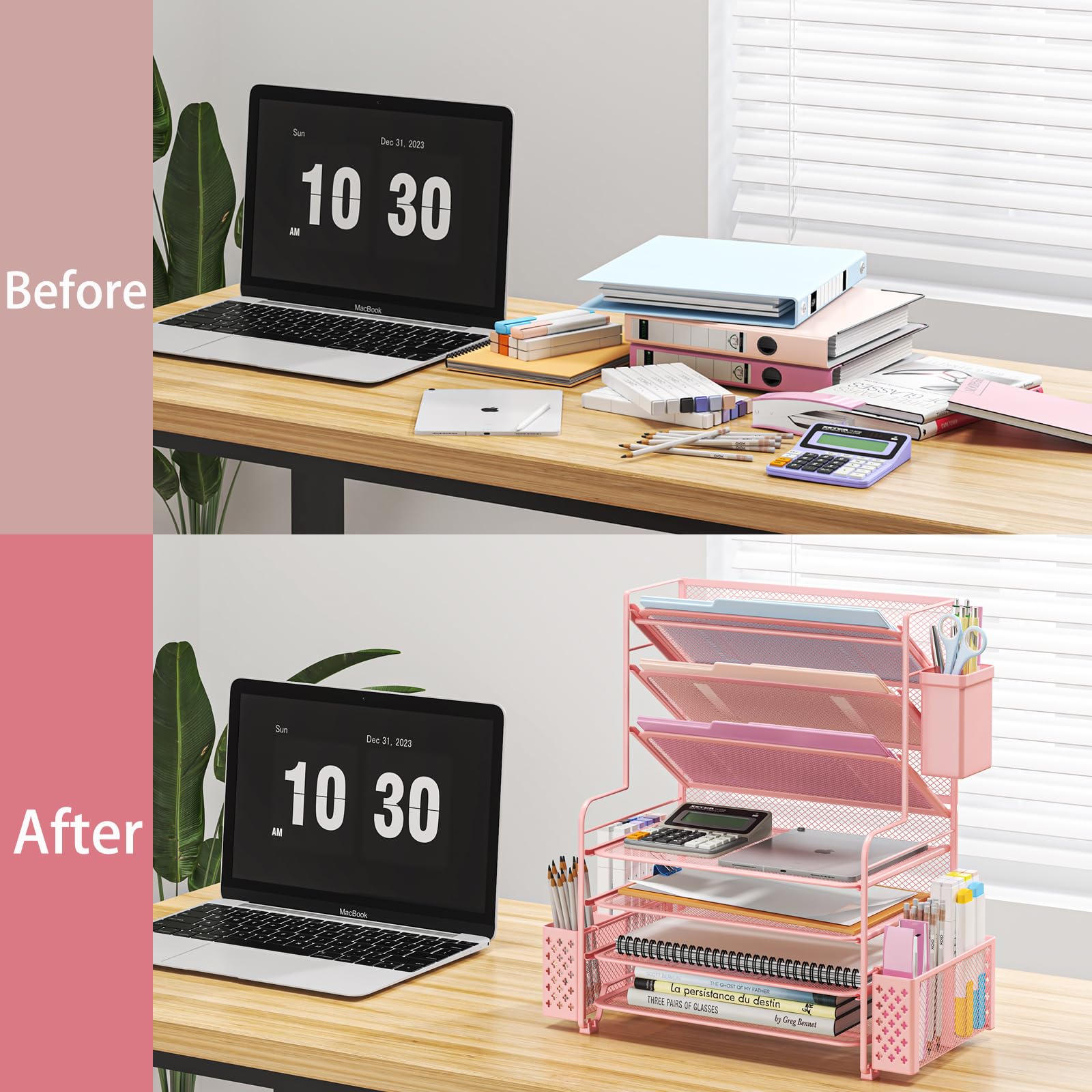Simple Trending 7 Tier Desk File Organizer, Letter Tray Paper Organizer with Pen Holder and Metal Hanging Basket, Pink