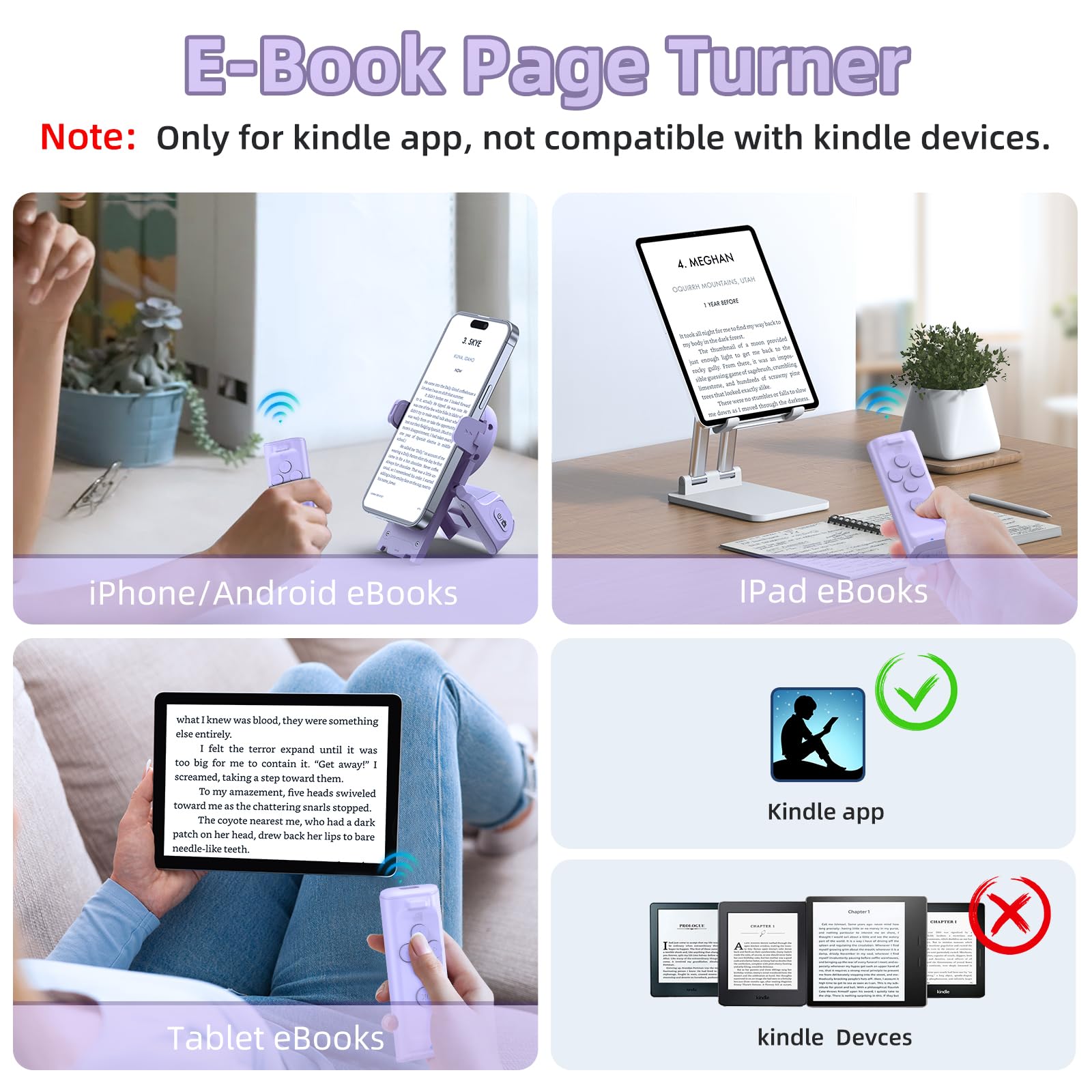 MILOUZ Remote Control Scrolling for Tiktok with Phone Stand,Page Turner for Kindle App E-Book,Bluetooth Camera Shutter Remote for iPhone, Android,iOS,iPad,Tablet (Purple)