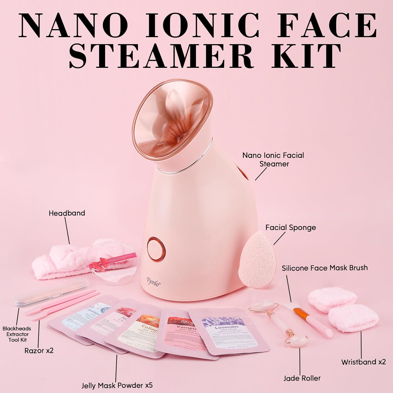 Pjordo Facial Steamer Spa Kit, 12 Skin Care Tools & 5 Jelly Mask Powder, Nano Ionic Steamer for Facial Deep Cleaning Unclog Pores Sinuses, Warm Mist Humidifier for Home SPA, Self Care Gifts for Women