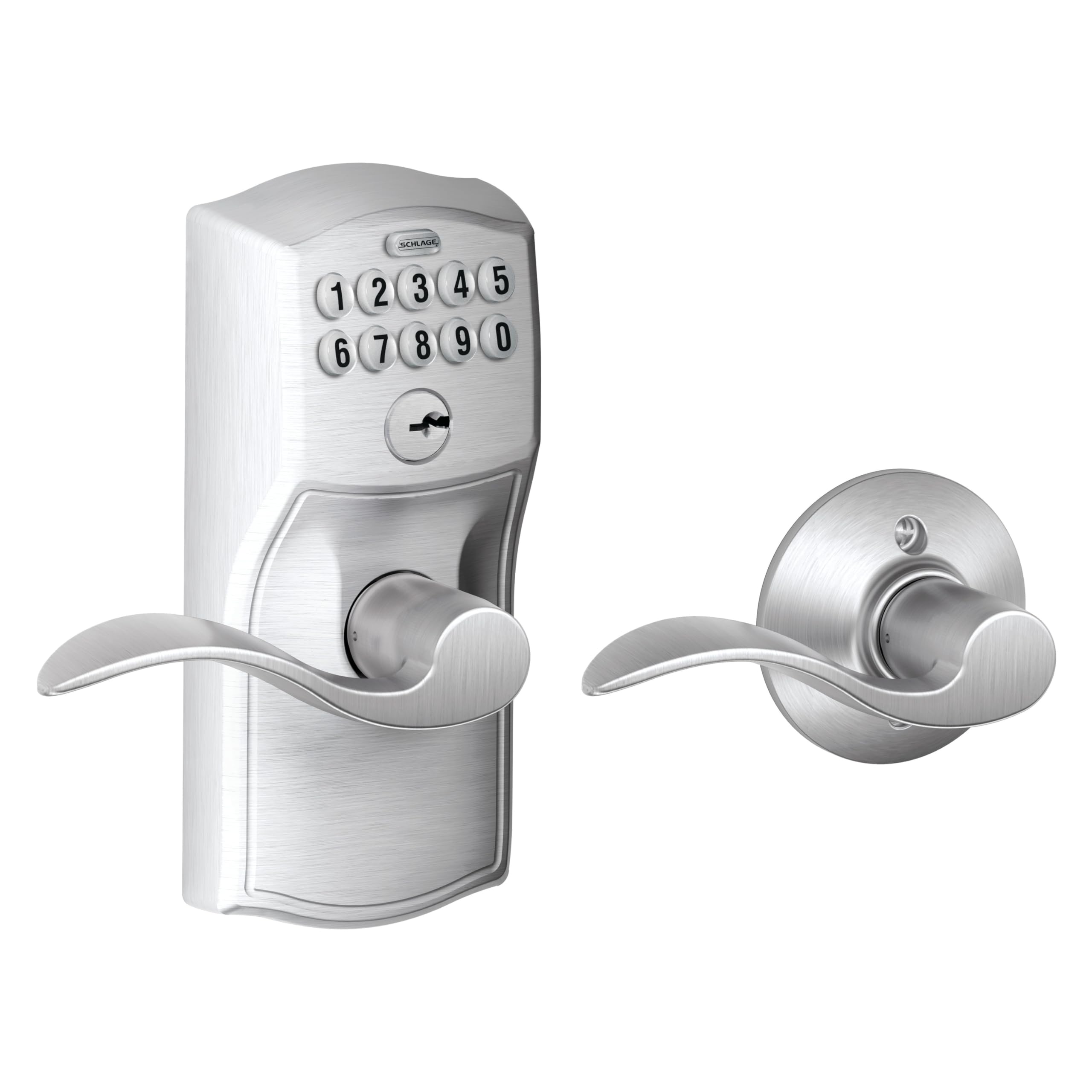 Schlage Plymouth Keypad Lock with Lever Handle, Electronic Keyless Door Entry, Auto‑Lock Enabled, Satin Chrome, FE575 PLY 626 ELA