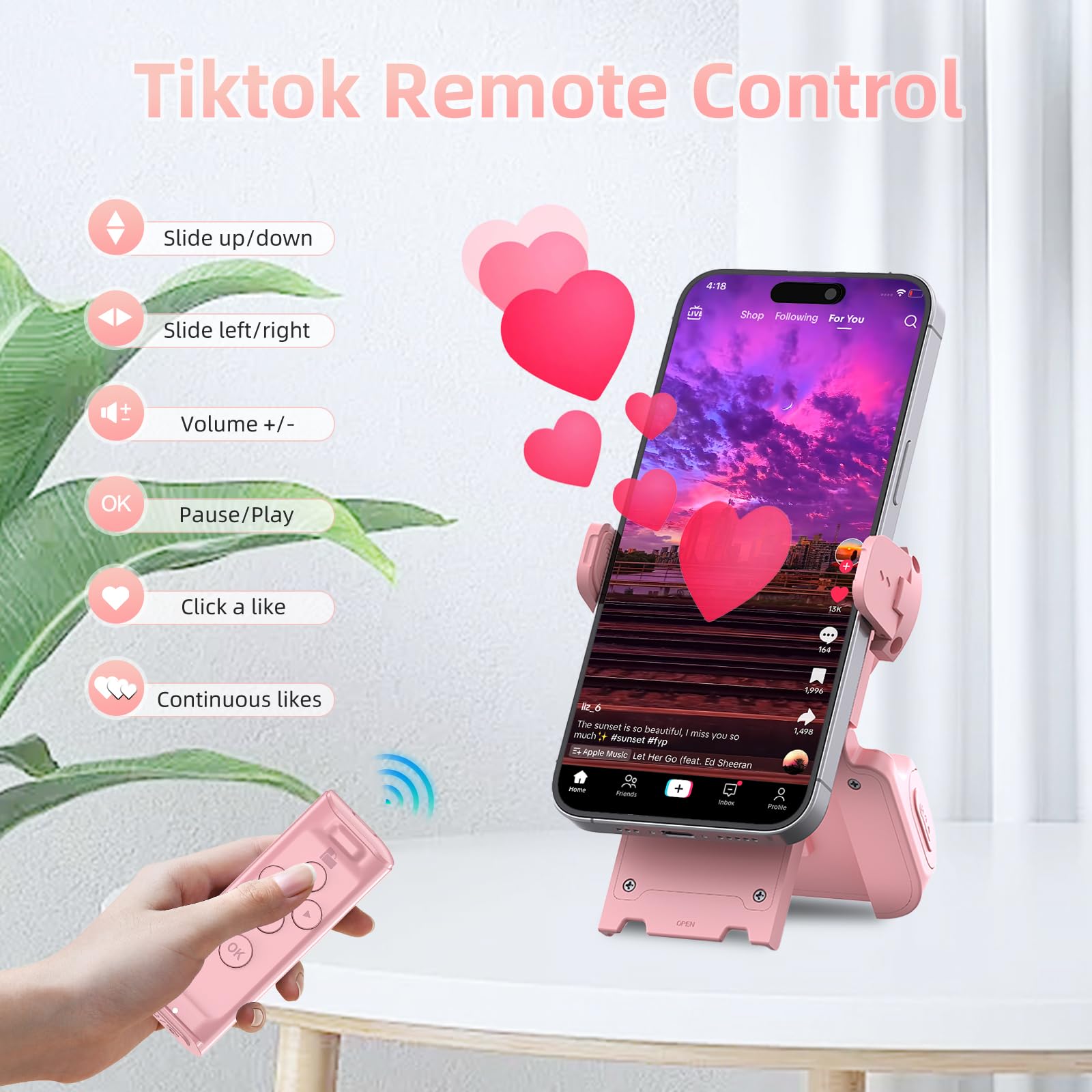 MILOUZ Remote Control Scrolling for Tiktok with Phone Stand,Page Turner for Kindle App E-Book,Bluetooth Camera Shutter Remote for iPhone, Android,iOS,iPad,Tablet (Purple)
