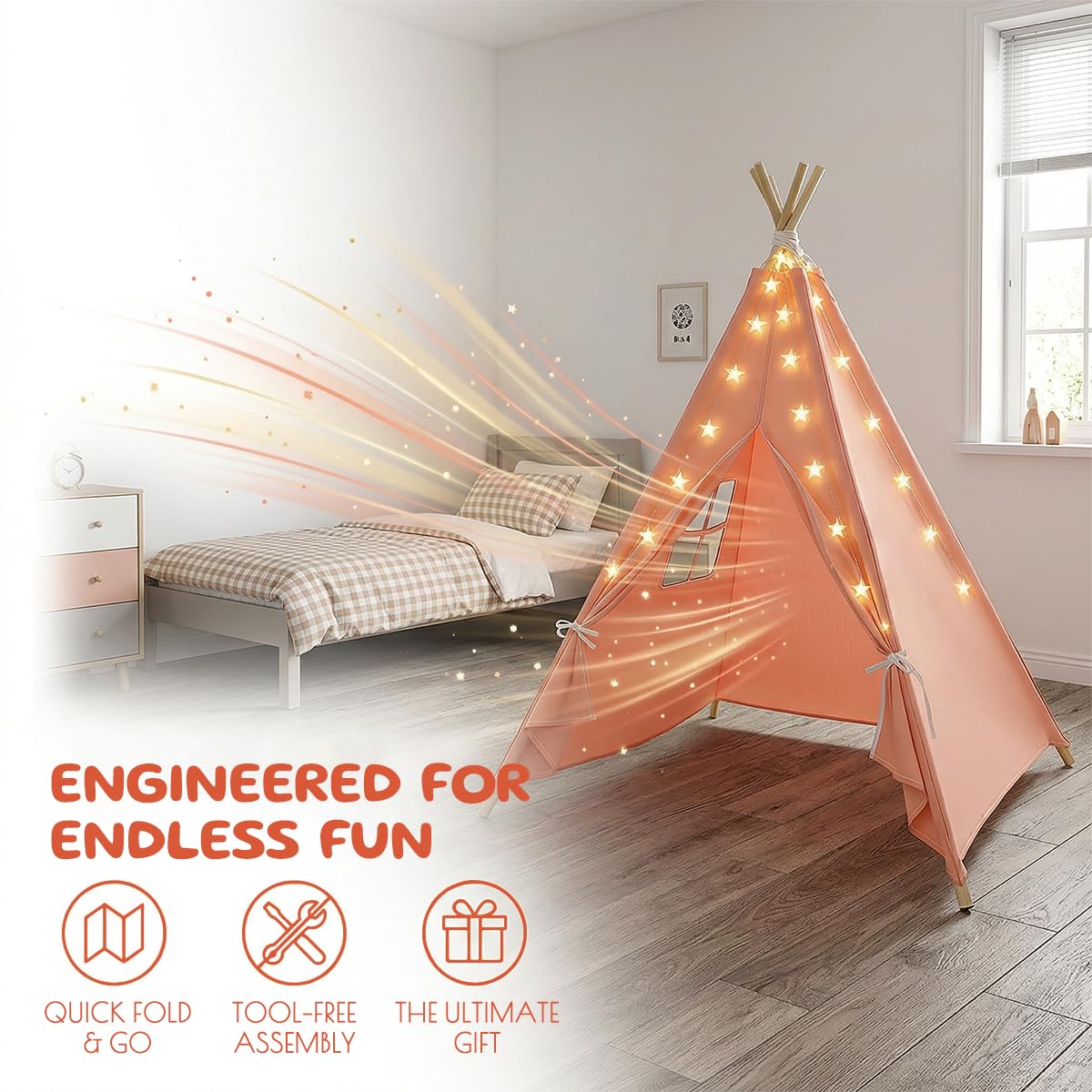 6 Pack Teepee Tent for Kids,Collapsible Kids Teepee Tent with 10 Ft String Lights,White Kid Teepee Boys Girls Indoor Outdoor Slumber Party Sleepover Party