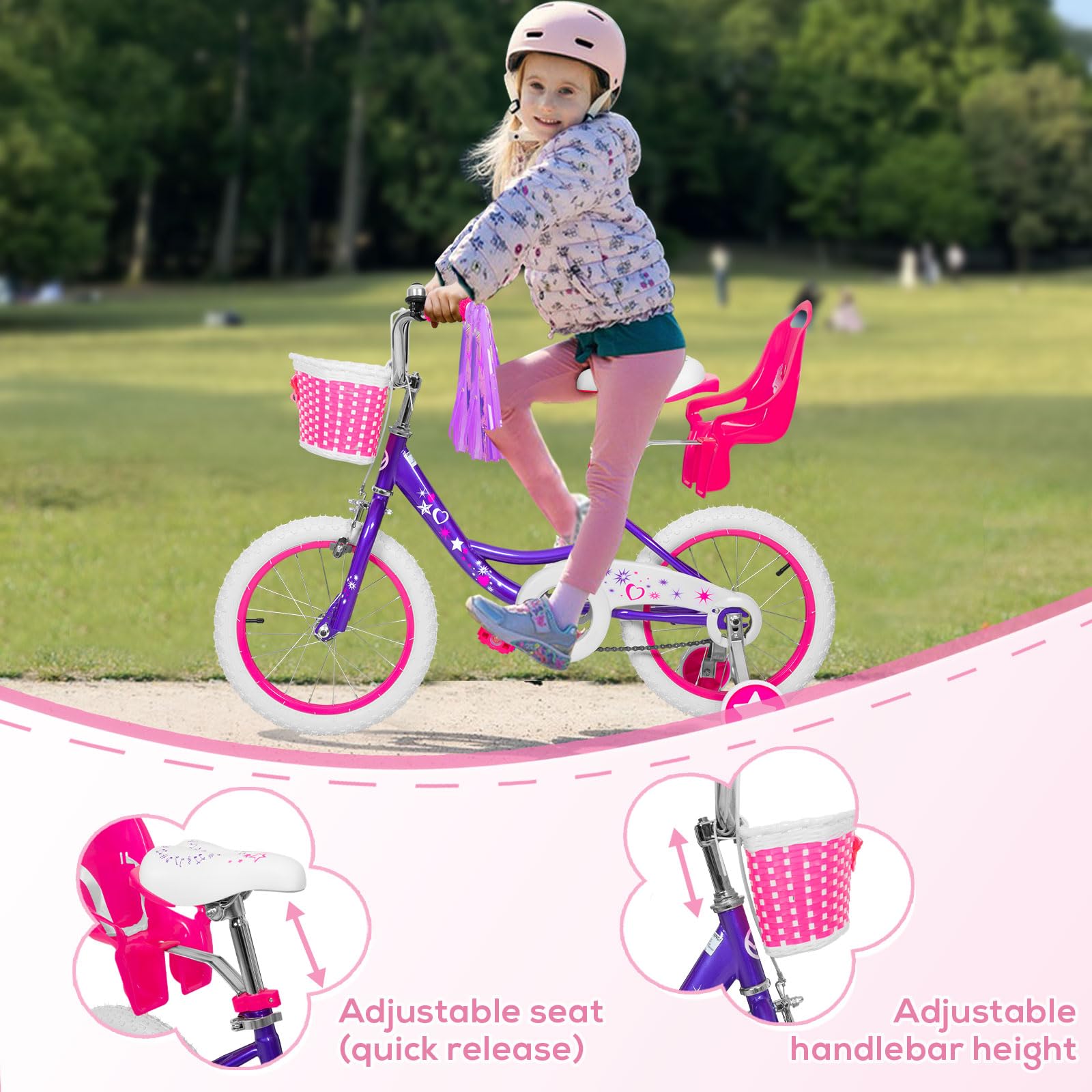 WEIZE Girls Bike for 3-12 Years Old Kids, 14 16 20 Inch Kids Bike with Training Wheels, Streamers, Basket and Doll Seat, Children Bicycles with Coaster Brake, Multiple Colors