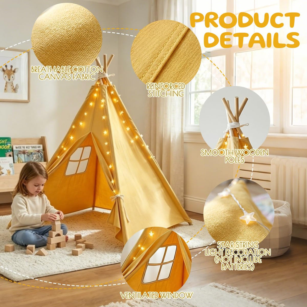 6 Pack Teepee Tent for Kids,Collapsible Kids Teepee Tent with 10 Ft String Lights,White Kid Teepee Boys Girls Indoor Outdoor Slumber Party Sleepover Party