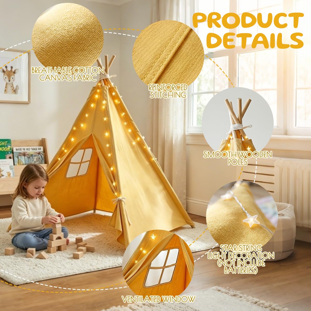 6 Pack Teepee Tent for Kids,Collapsible Kids Teepee Tent with 10 Ft String Lights,White Kid Teepee Boys Girls Indoor Outdoor Slumber Party Sleepover Party