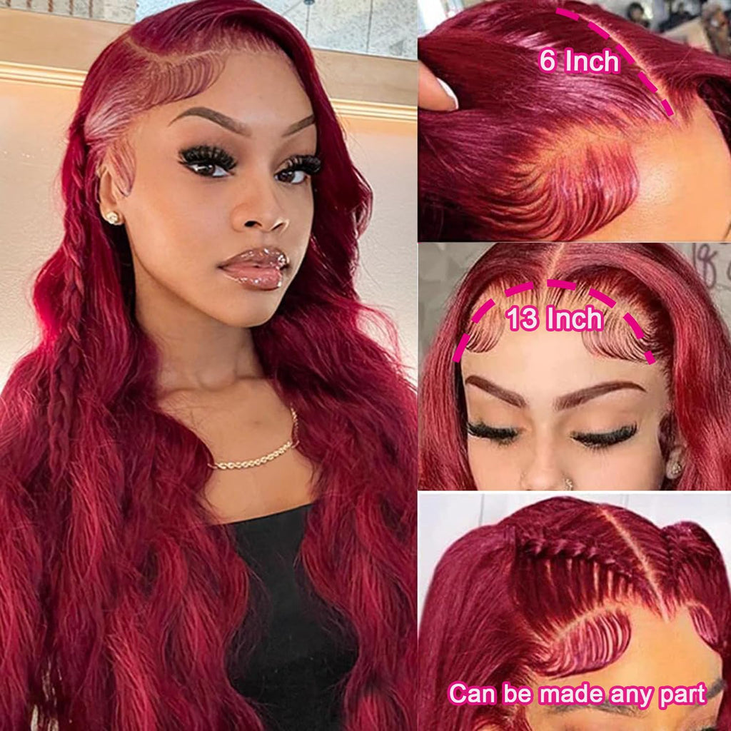 QZOQZO 28 Inch 99j Burgundy Lace Front Wigs Human Hair Red Burgundy Wig 180% Density 13x6 Body Wave Lace Front Wigs Pre Plucked Glueless Lace Front Wigs Human Hair for Women