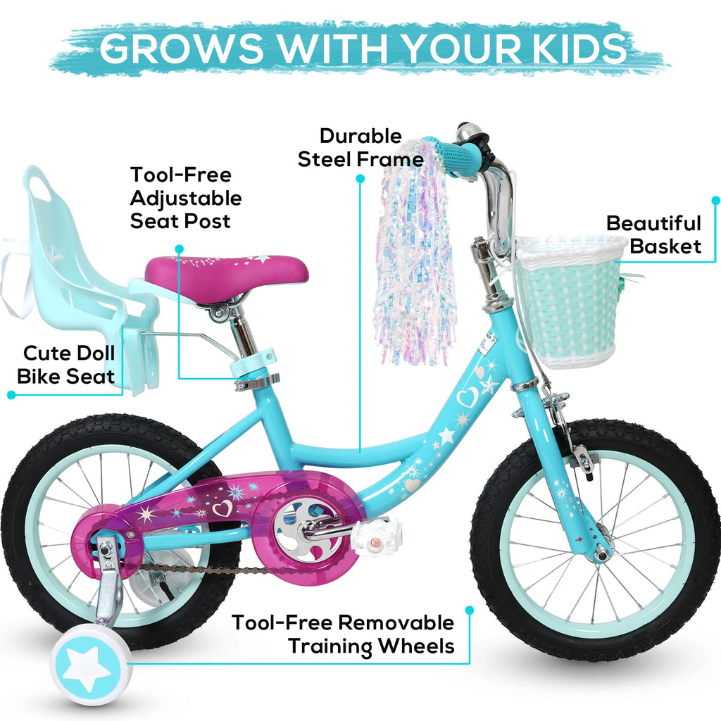 WEIZE Girls Bike for 3-12 Years Old Kids, 14 16 20 Inch Kids Bike with Training Wheels, Streamers, Basket and Doll Seat, Children Bicycles with Coaster Brake, Multiple Colors