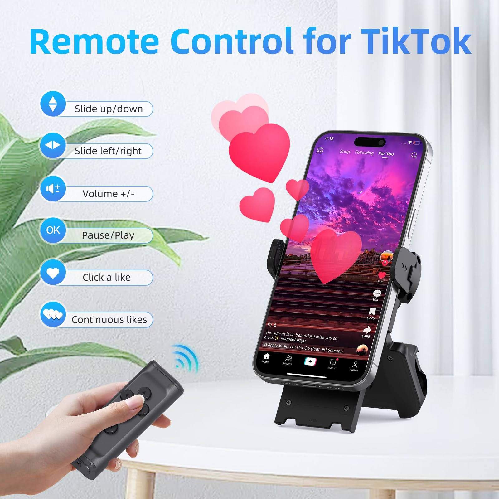 MILOUZ Remote Control Scrolling for Tiktok with Phone Stand,Page Turner for Kindle App E-Book,Bluetooth Camera Shutter Remote for iPhone, Android,iOS,iPad,Tablet (Purple)