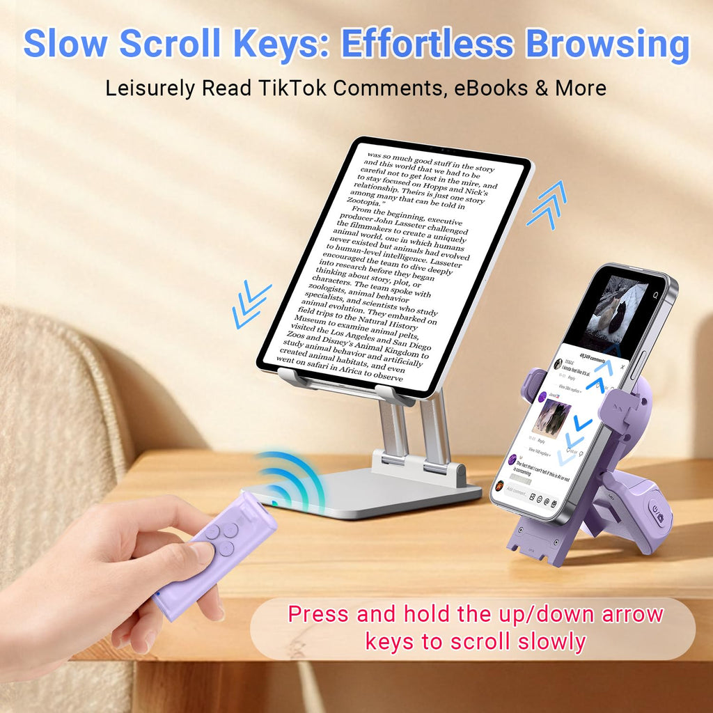 MILOUZ Remote Control Scrolling for Tiktok with Phone Stand,Page Turner for Kindle App E-Book,Bluetooth Camera Shutter Remote for iPhone, Android,iOS,iPad,Tablet (Purple)
