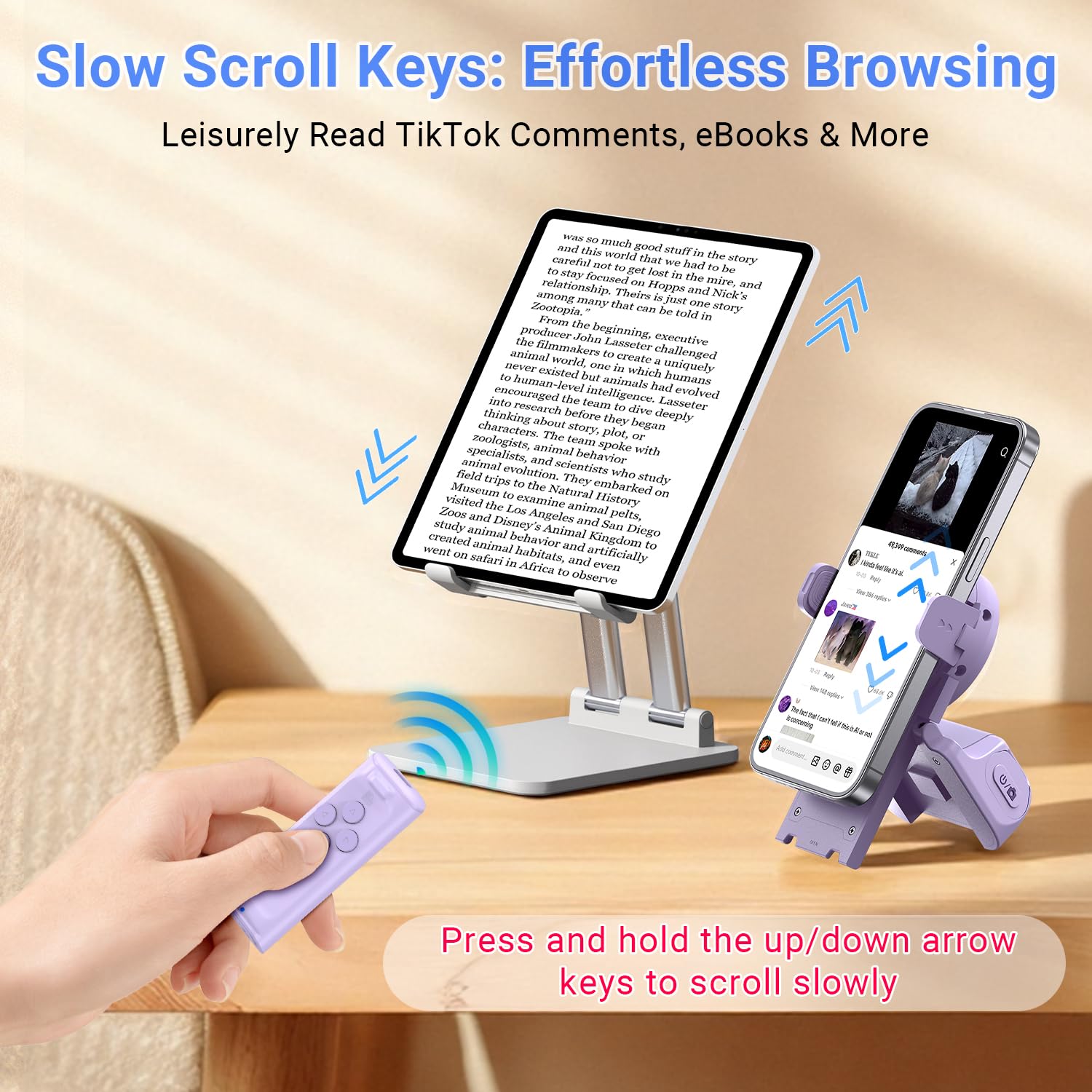 MILOUZ Remote Control Scrolling for Tiktok with Phone Stand,Page Turner for Kindle App E-Book,Bluetooth Camera Shutter Remote for iPhone, Android,iOS,iPad,Tablet (Purple)