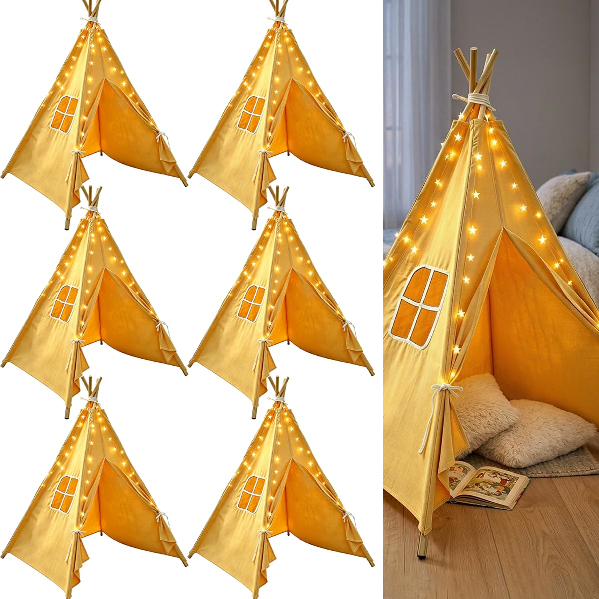 6 Pack Teepee Tent for Kids,Collapsible Kids Teepee Tent with 10 Ft String Lights,White Kid Teepee Boys Girls Indoor Outdoor Slumber Party Sleepover Party