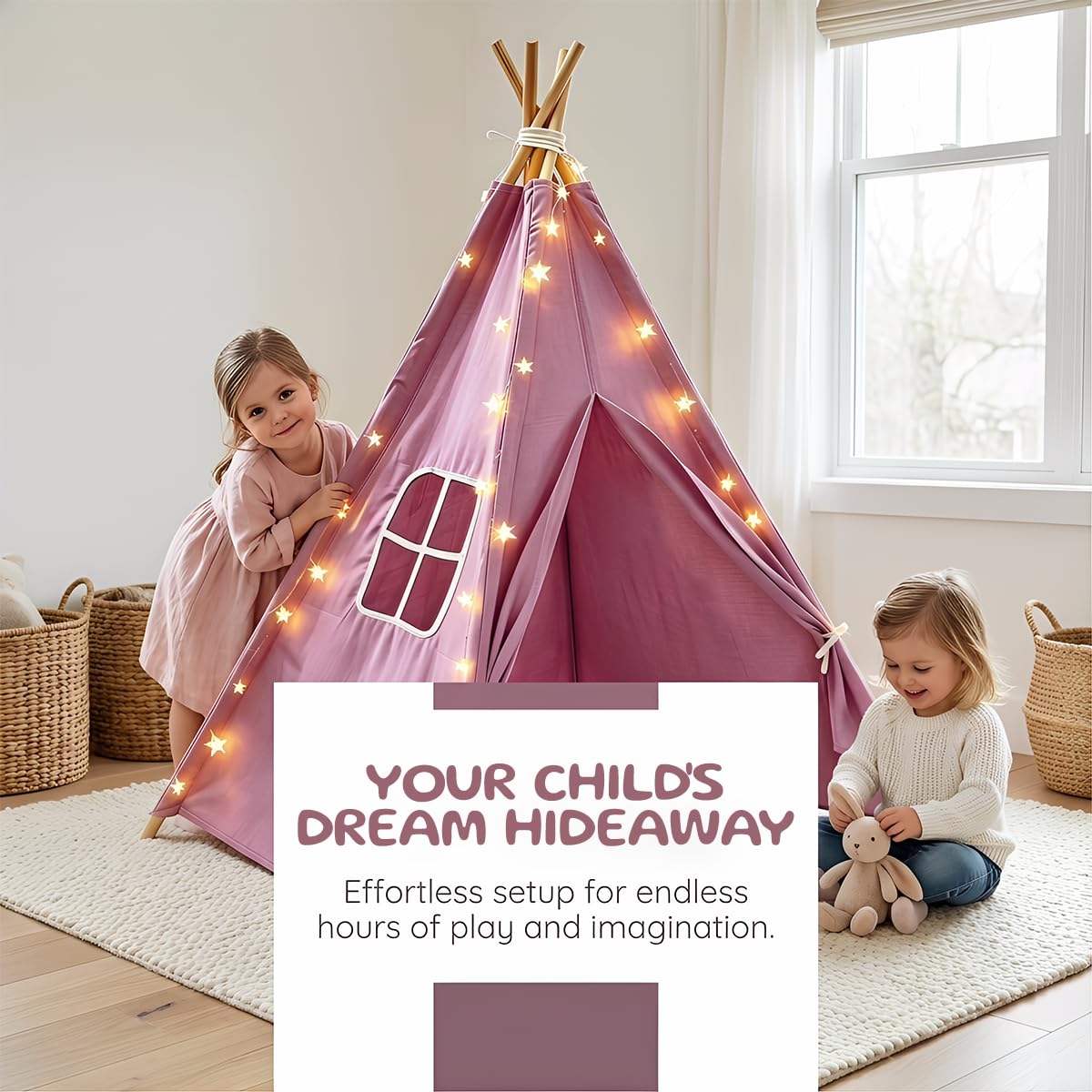 6 Pack Teepee Tent for Kids,Collapsible Kids Teepee Tent with 10 Ft String Lights,White Kid Teepee Boys Girls Indoor Outdoor Slumber Party Sleepover Party