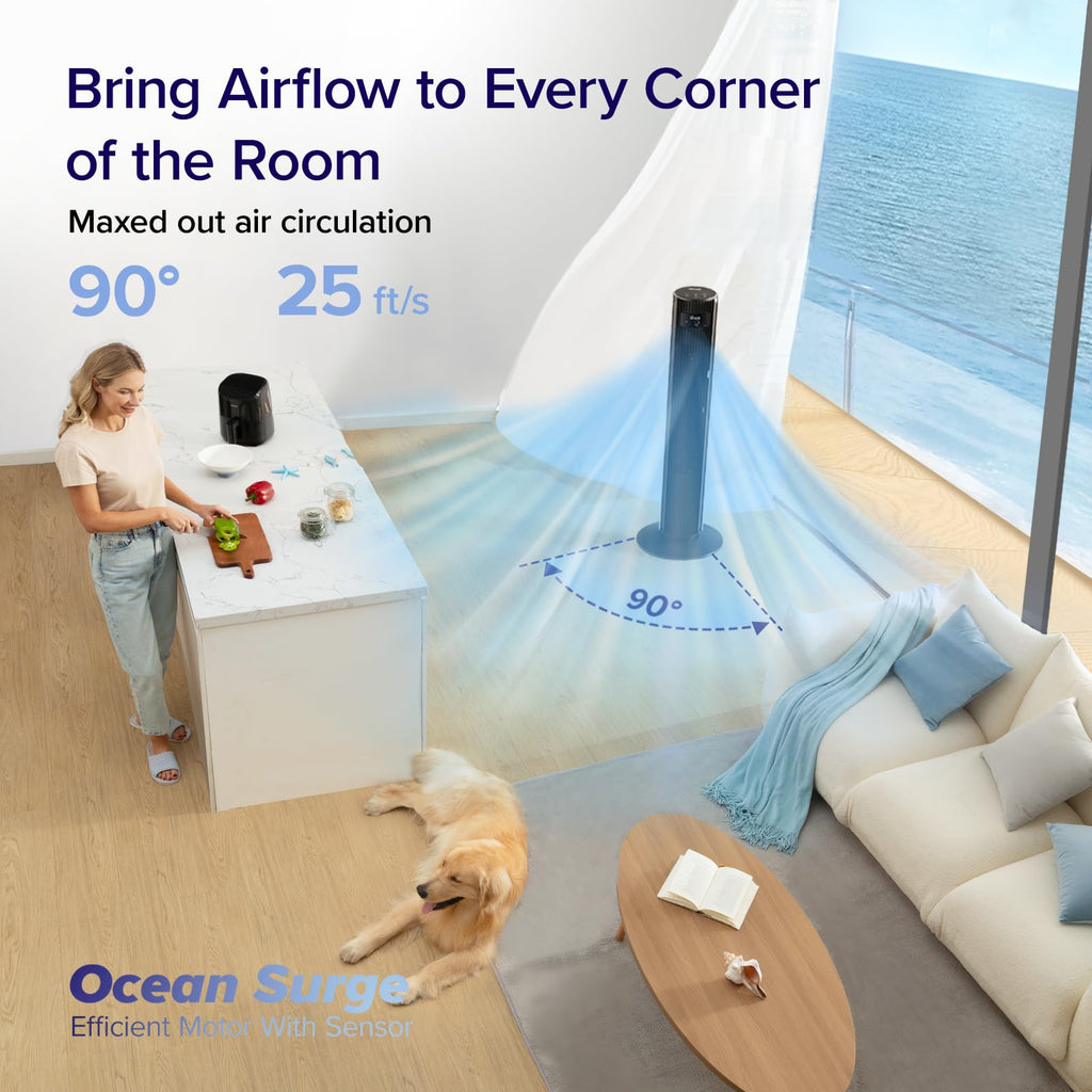 LEVOIT Tower Fan for Bedroom, 90° Oscillating Standing Fan with 28dB Quiet for Sleep, 25ft/s Velocity, 12H Timer, 5 Speeds 4 Modes, Remoter, Bladeless Room Fan for Home, Office, Indoor, 36 inch, White