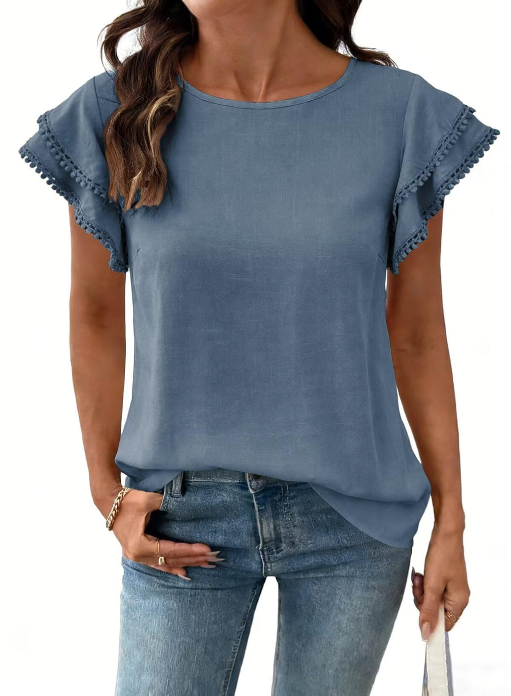 Dokotoo Summer Tops for Women 2026 Casual Round Neck Ruffle Cap Sleeve Blouse Shirts Solid Color Tunic Tops