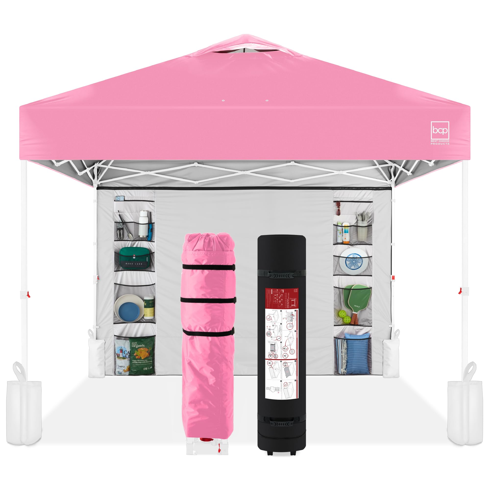 Best Choice Products 10x10ft Pop Up Canopy Tent with Sidewall, 1 Person 1 Minute Set Up, Carry Case, 4 Weight Bags - Pink/White