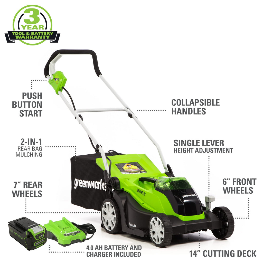 Greenworks 40V 16" (Push) Cordless Lawn Mower, 4.0Ah Battery (1/3 Acre, Push Button Start, Compatible with 75+ Tools)