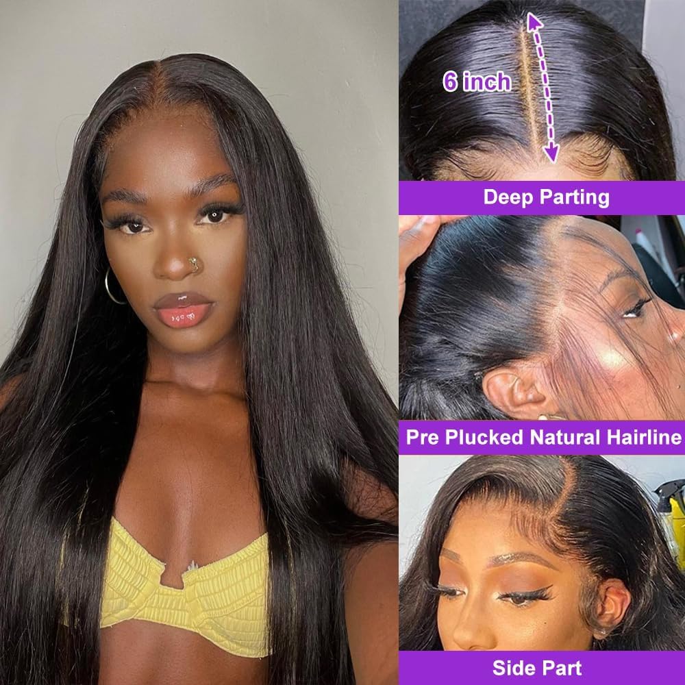 TTSMINS 13x6 Lace Front Wigs Human Hair for Women 180 Density HD Transparent 28 Inch Straight Lace Front Wigs Human Hair Pre Plucked Glueless Lace Frontal Wigs Natural Black Color