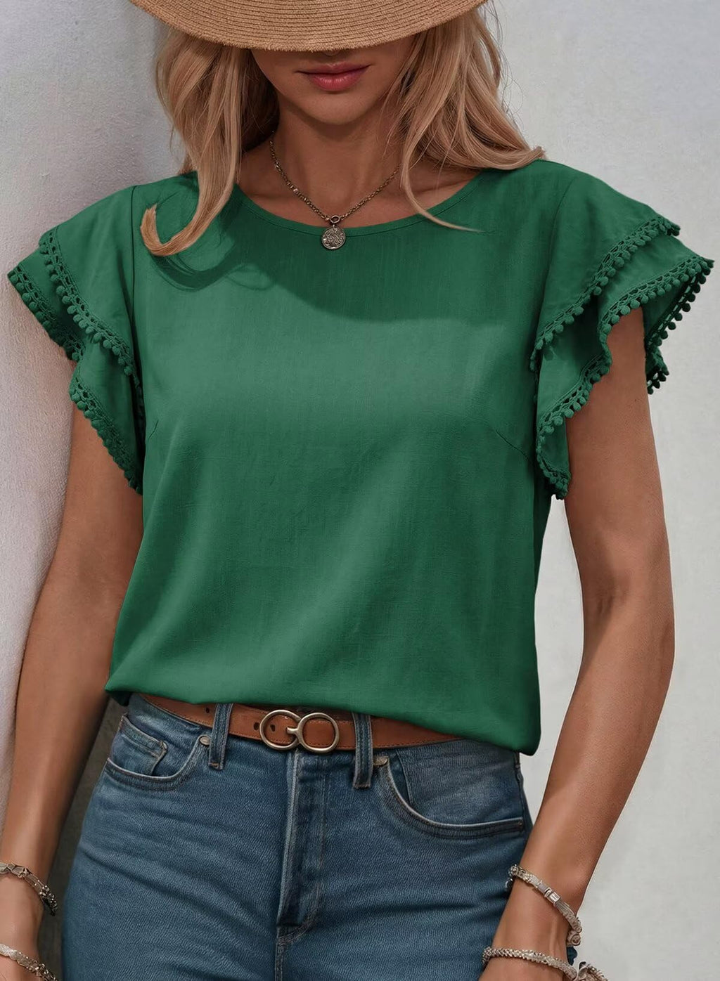 Dokotoo Summer Tops for Women 2026 Casual Round Neck Ruffle Cap Sleeve Blouse Shirts Solid Color Tunic Tops