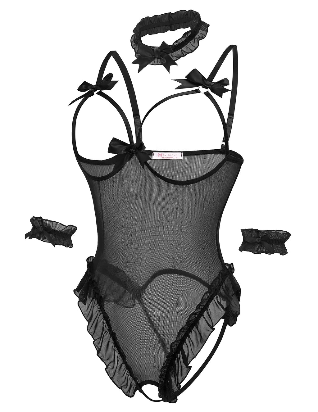 Avidlove Womens Lingerie Bodysuit 4 Piece Set Sheer Mesh Teddy Babydoll with Detachable Collar and Wrist Cuffs