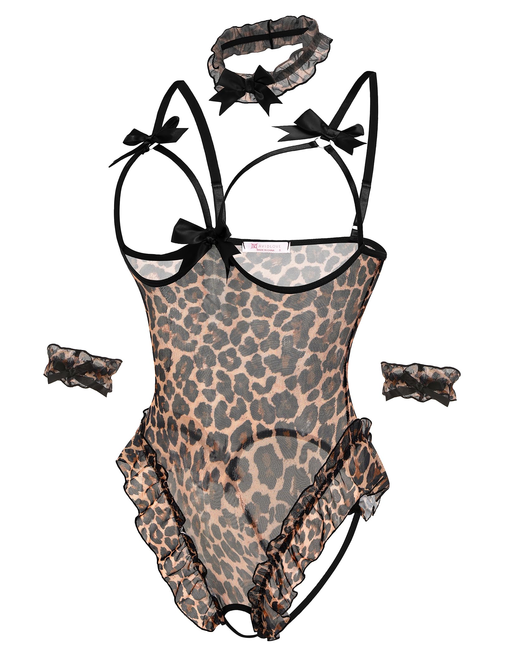 Avidlove Womens Lingerie Bodysuit 4 Piece Set Sheer Mesh Teddy Babydoll with Detachable Collar and Wrist Cuffs