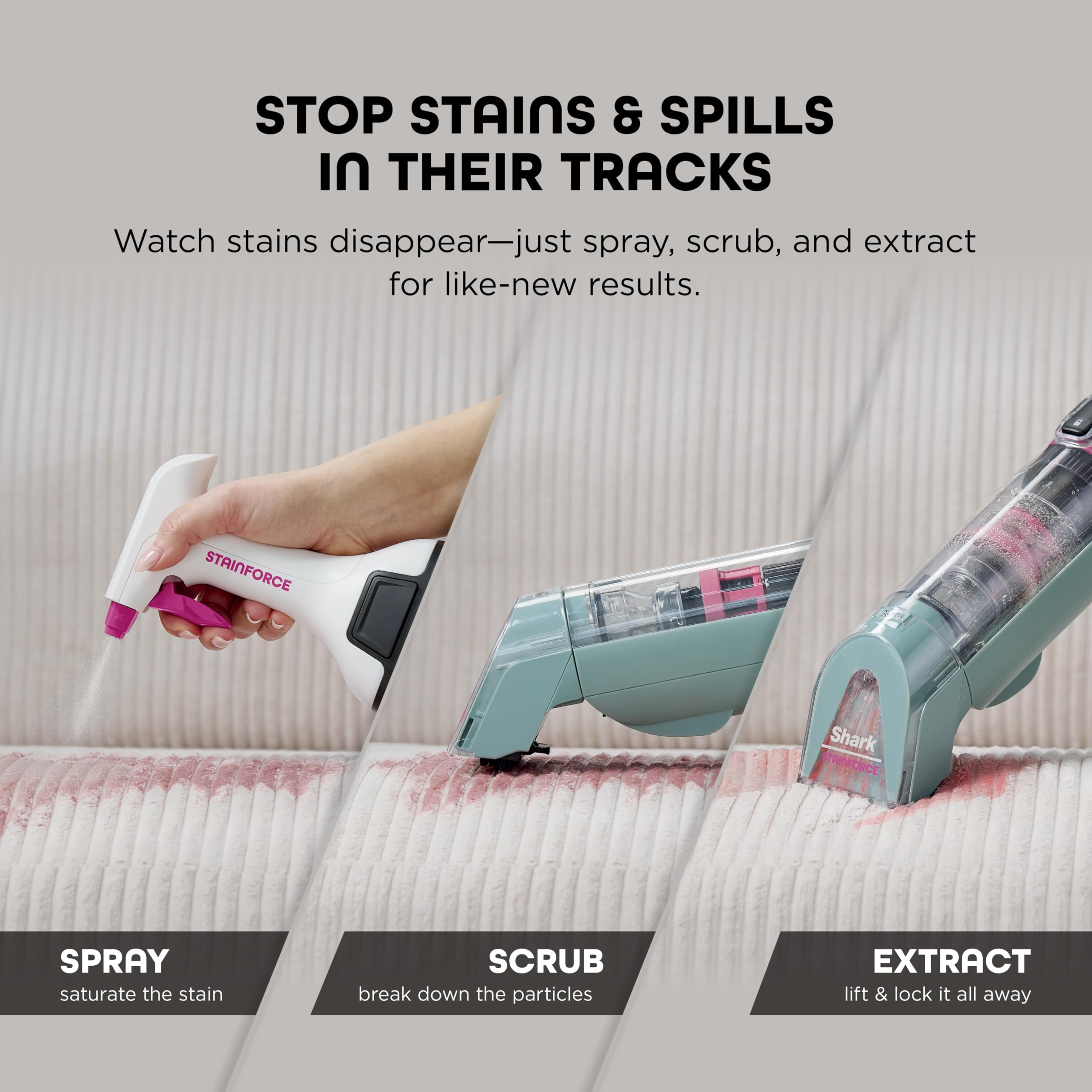 Shark StainForce Cordless Portable Spot, Stain, & Odor Remover System for Carpets, Area Rugs, Upholstery, Stairs, with Storage Caddy, Accessories, and Full-Size Cleaning Solution, HX105 (Renewed)