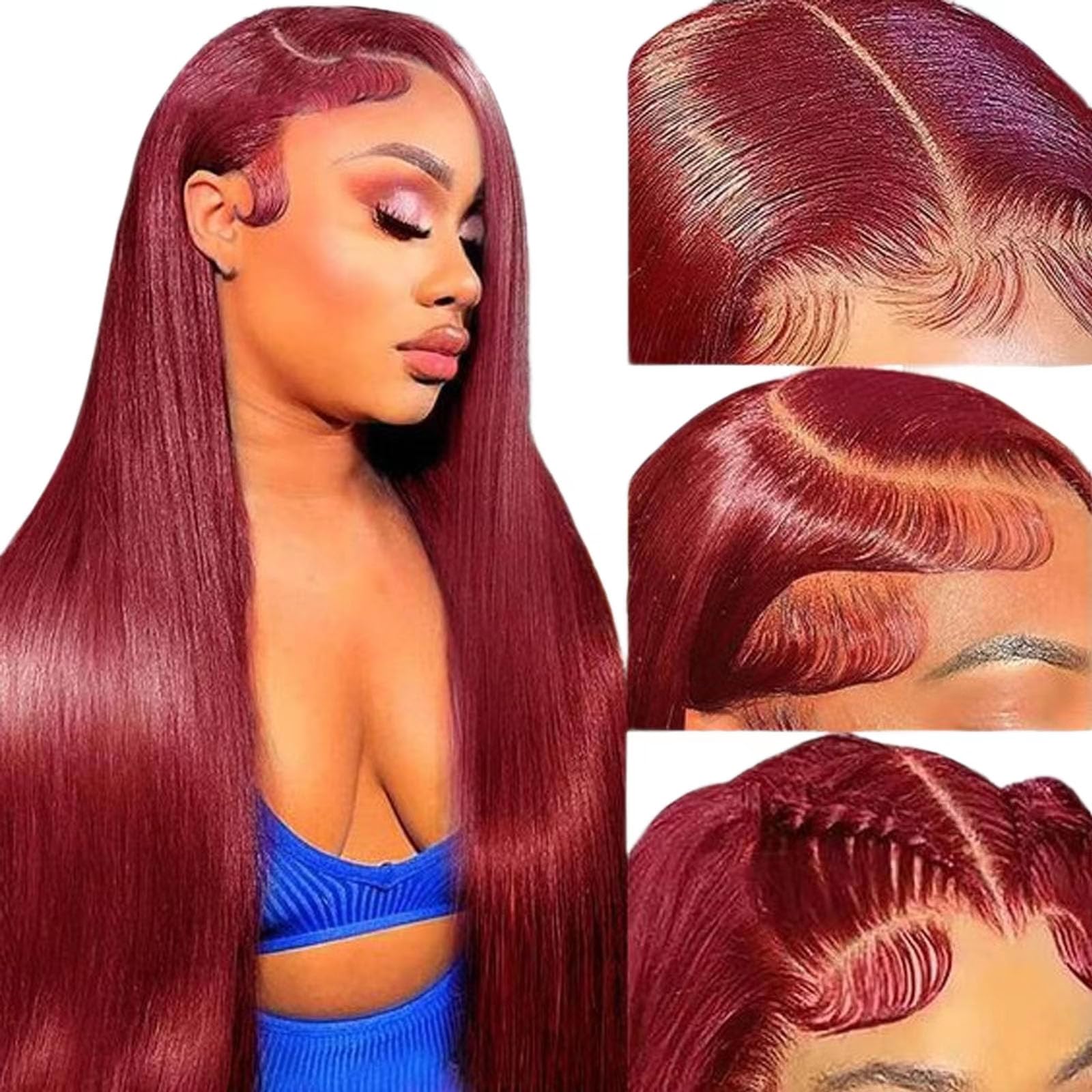 Fiumer Burgundy Wig Human Hair 28inch 13x6 HD Transparent Lace Straight 99J Red Human Hair Wig Colored Reddish Brown Lace Frontal Wigs 180% Density Pre Plucked