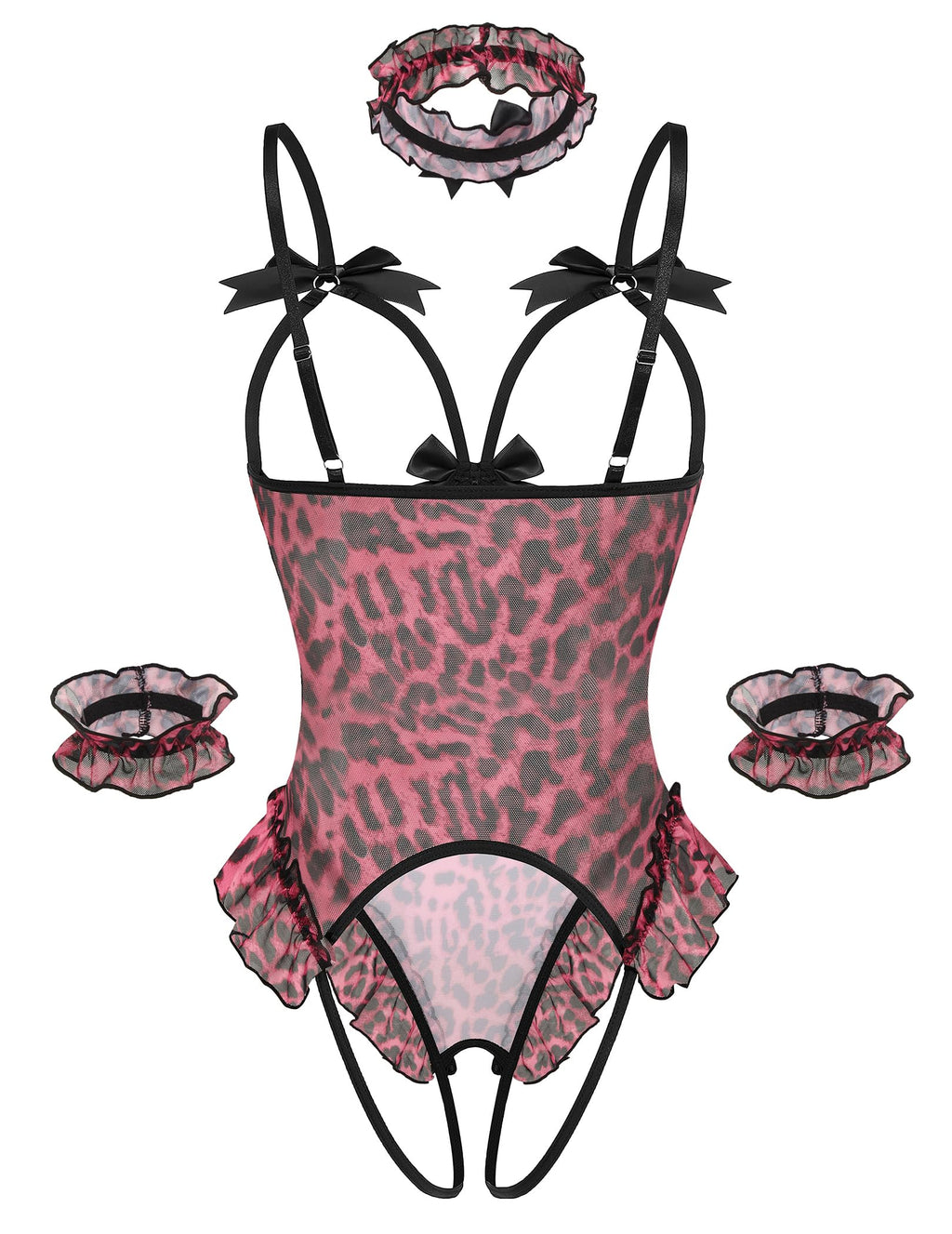 Avidlove Womens Lingerie Bodysuit 4 Piece Set Sheer Mesh Teddy Babydoll with Detachable Collar and Wrist Cuffs
