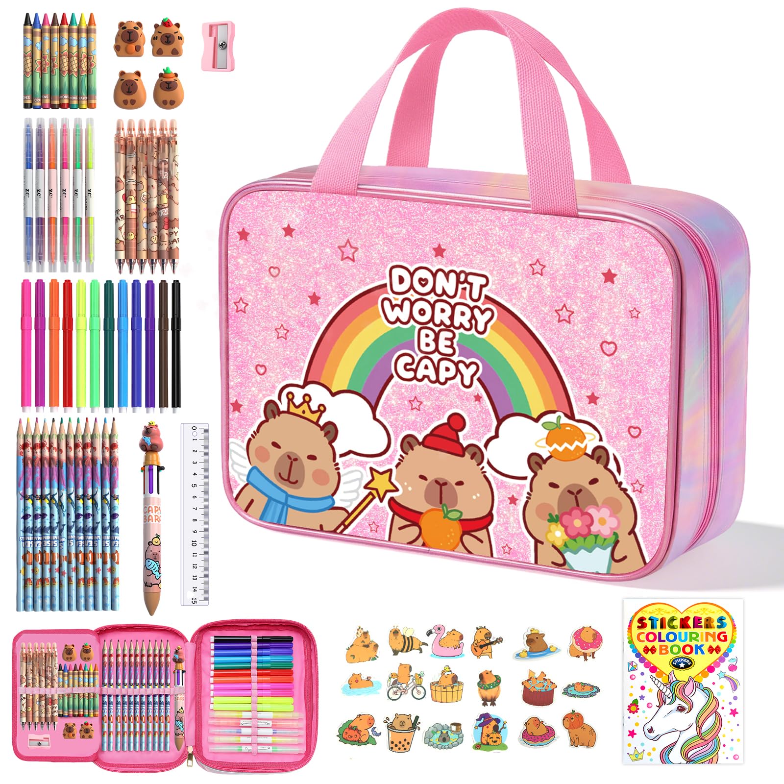 73PCS Unicorn Washable Markers Set with Glitter Pencil Case, Art Supplies and Craft for Girls Ages 4-6-8,Kids Coloring Drawing Kit with Marker,Colored Pencil,Crayon,Gel Pen,Birthday Gift Toys for Girl