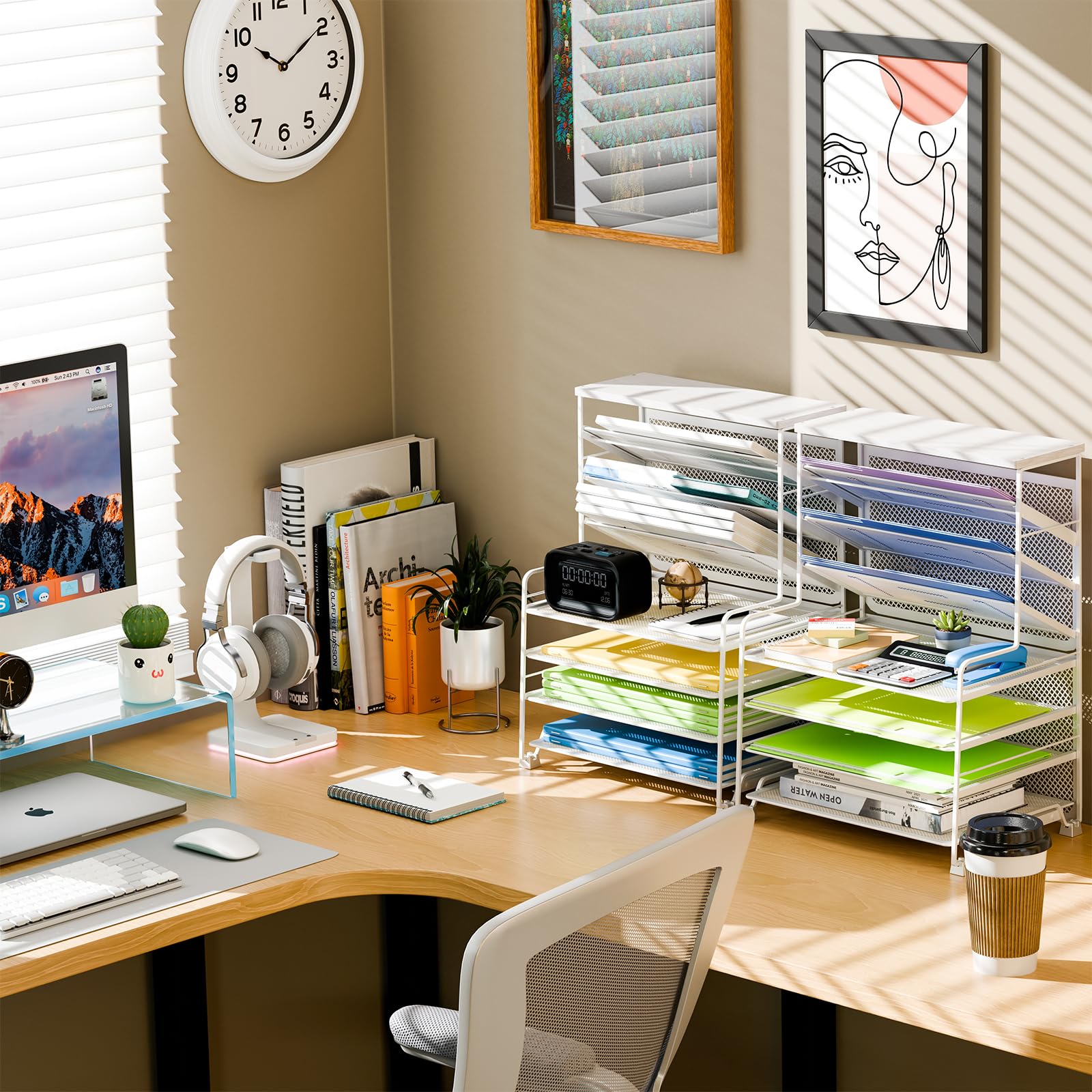 Simple Trending 7 Tier Desk File Organizer, Letter Tray Paper Organizer with Pen Holder and Metal Hanging Basket, Pink