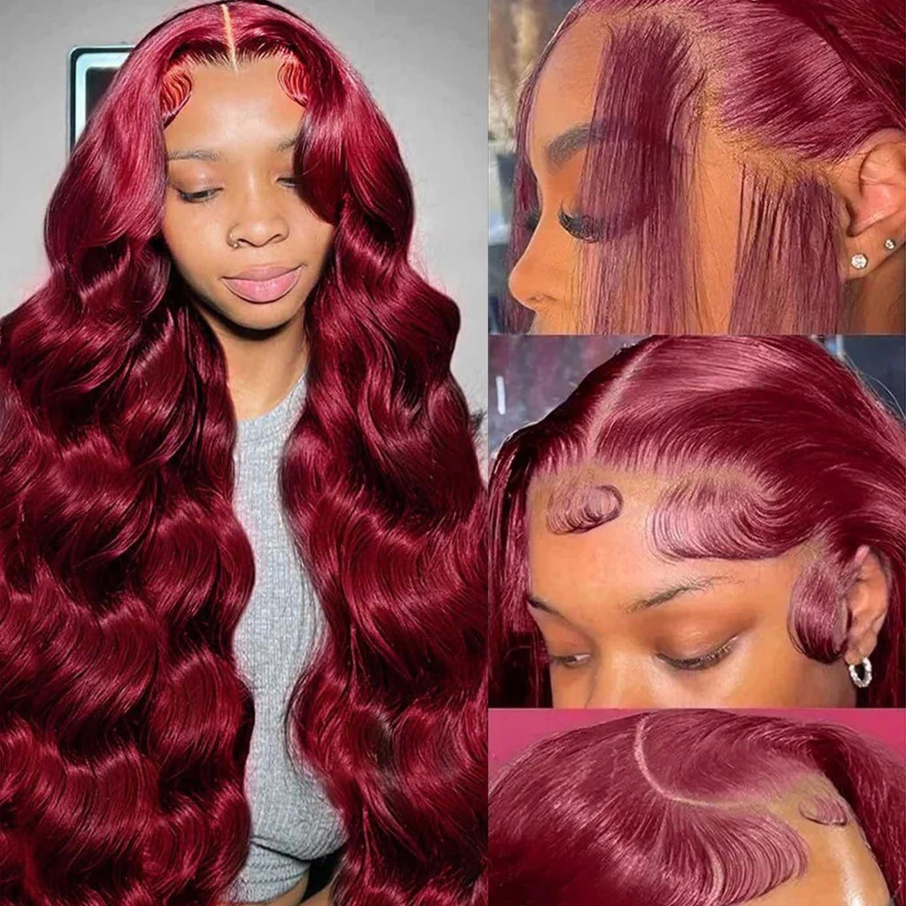 QZOQZO 28 Inch 99j Burgundy Lace Front Wigs Human Hair Red Burgundy Wig 180% Density 13x6 Body Wave Lace Front Wigs Pre Plucked Glueless Lace Front Wigs Human Hair for Women