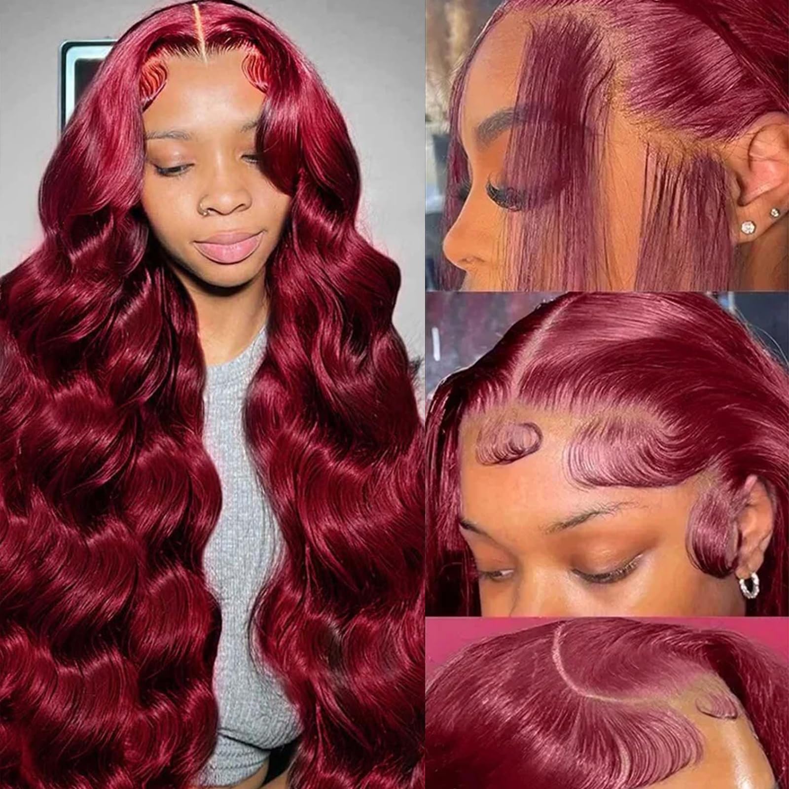 QZOQZO 28 Inch 99j Burgundy Lace Front Wigs Human Hair Red Burgundy Wig 180% Density 13x6 Body Wave Lace Front Wigs Pre Plucked Glueless Lace Front Wigs Human Hair for Women