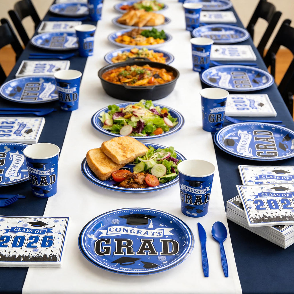 Graduation Decorations 2026 210Pcs, Black Gold Class of 2026 Graduation Party Decorations Tableware Set Disposable Grad Plates, Napkins, Dessert Plates, Cups, Straws and Forks for Grad Decor Supplies
