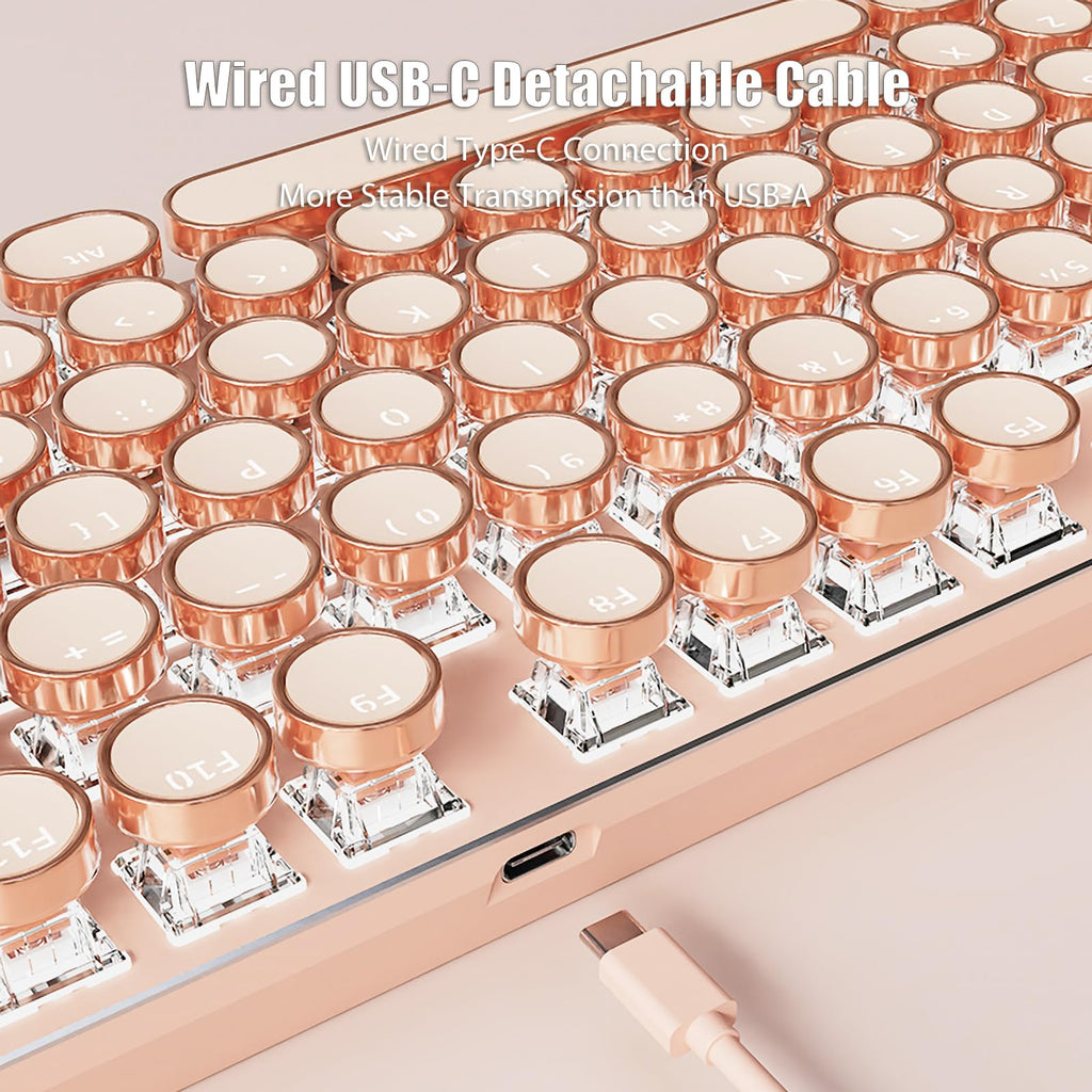 Typewriter Style Mechanical Gaming Keyboard White LED Backlit 104-Key NKRO Pink Switches Retro Round Keycaps Golden Ring Volume Knob Metal Panel Wired USB-C Detachable Cable, Rose Gold