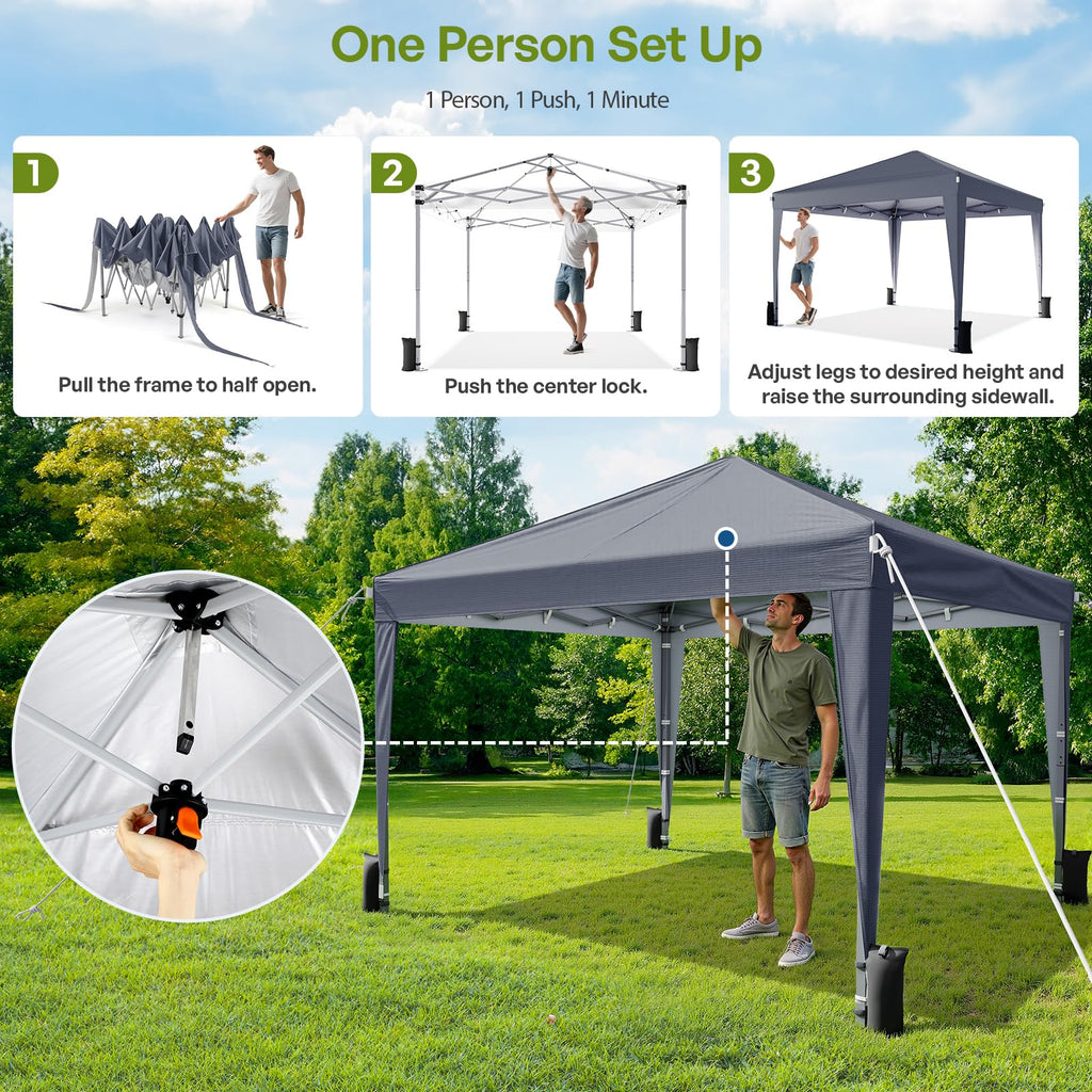 Driftalia 10x10 Pop Up Canopy with Sidewalls, Outdoor Instant Canopy Tent with Carry Bag for Commercial Events, Camping, Backyard Parties - White