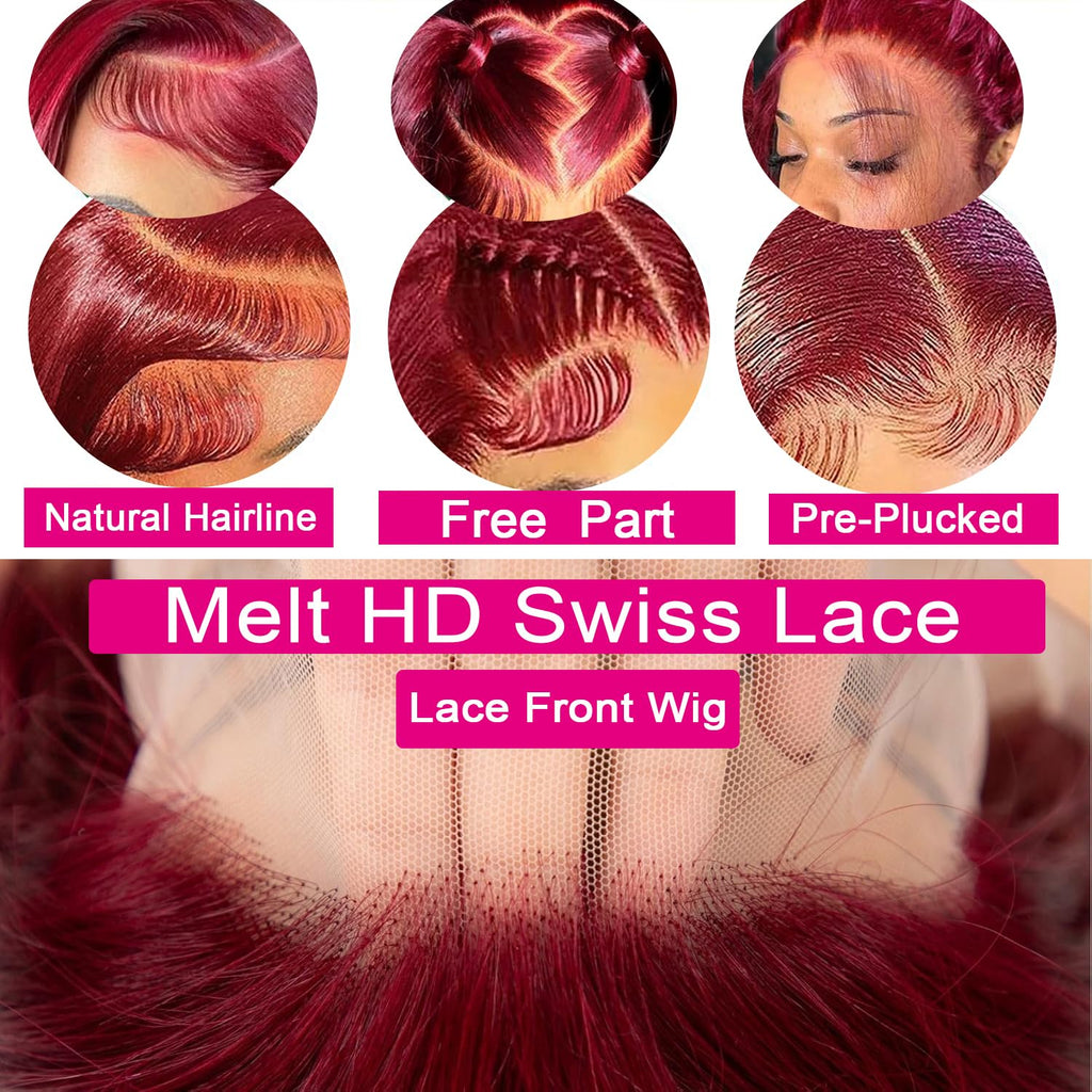 QZOQZO 28 Inch 99j Burgundy Lace Front Wigs Human Hair Red Burgundy Wig 180% Density 13x6 Body Wave Lace Front Wigs Pre Plucked Glueless Lace Front Wigs Human Hair for Women
