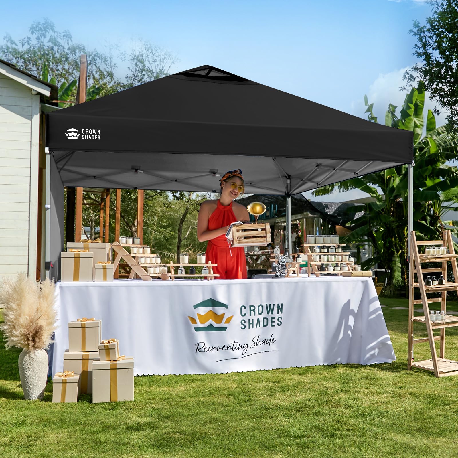 CROWN SHADES 10x10 Pop Up Canopy with 1 Side Wall - Beach Tent with One Push Setup - Outdoor Sun Shade for Events, Parties, Camping - Gazebo with STO-N-Go Cover Bag (White)