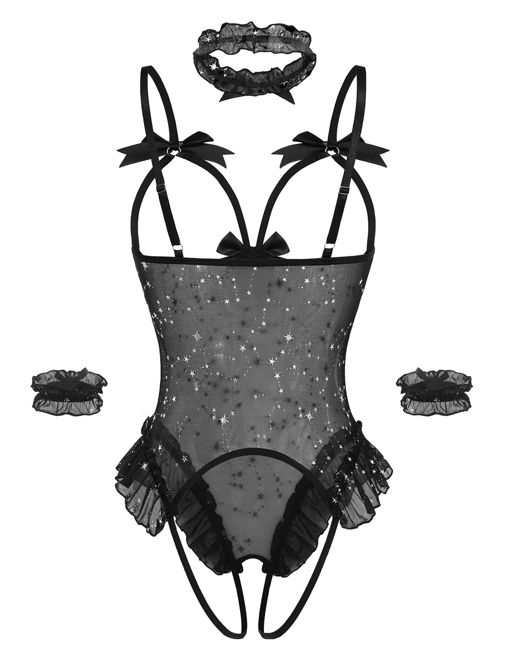 Avidlove Womens Lingerie Bodysuit 4 Piece Set Sheer Mesh Teddy Babydoll with Detachable Collar and Wrist Cuffs