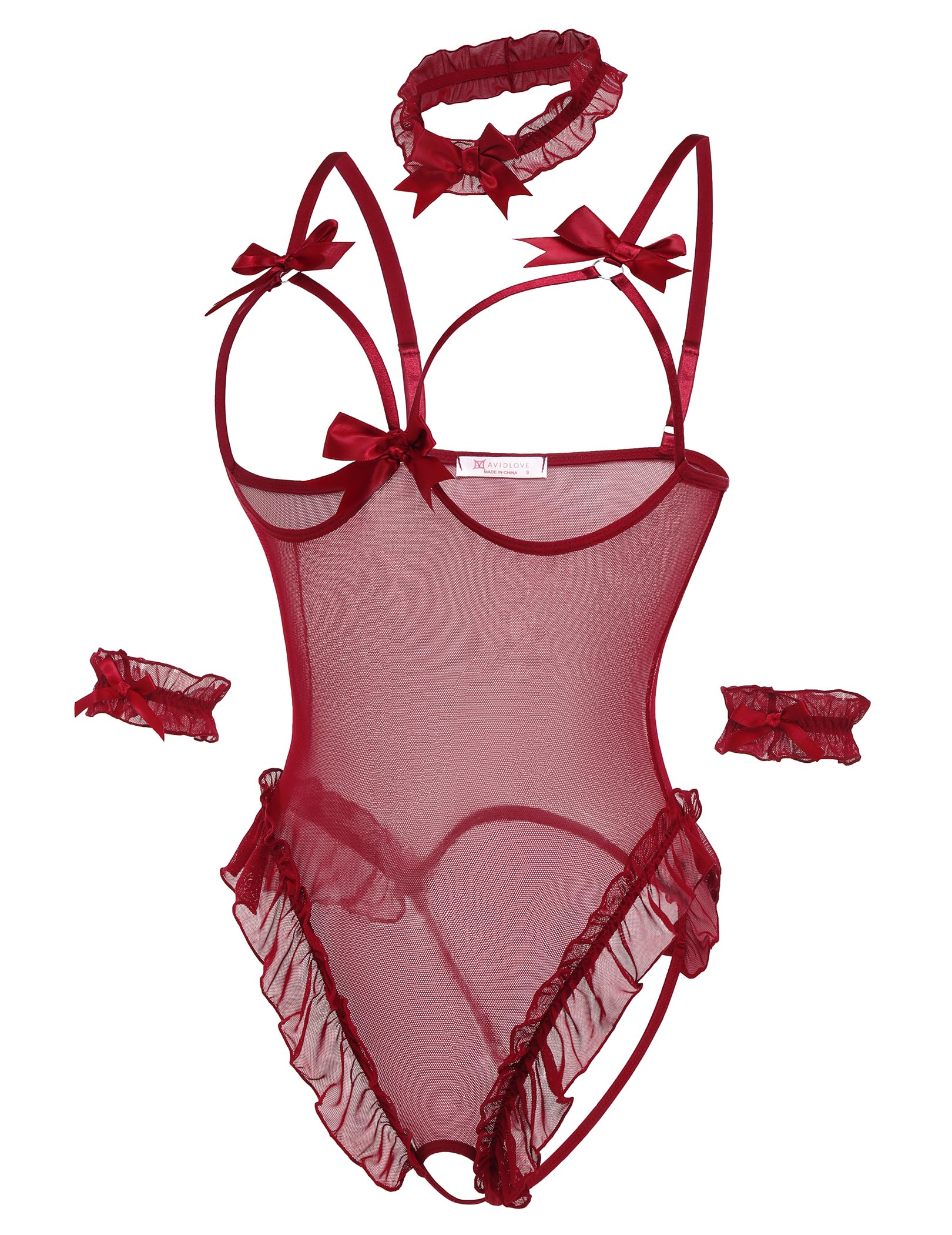 Avidlove Womens Lingerie Bodysuit 4 Piece Set Sheer Mesh Teddy Babydoll with Detachable Collar and Wrist Cuffs