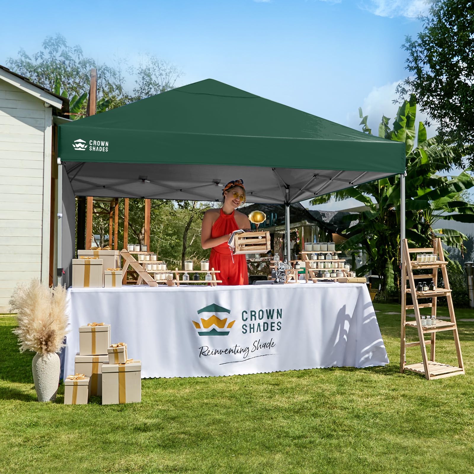 CROWN SHADES 10x10 Pop Up Canopy with 1 Side Wall - Beach Tent with One Push Setup - Outdoor Sun Shade for Events, Parties, Camping - Gazebo with STO-N-Go Cover Bag (White)