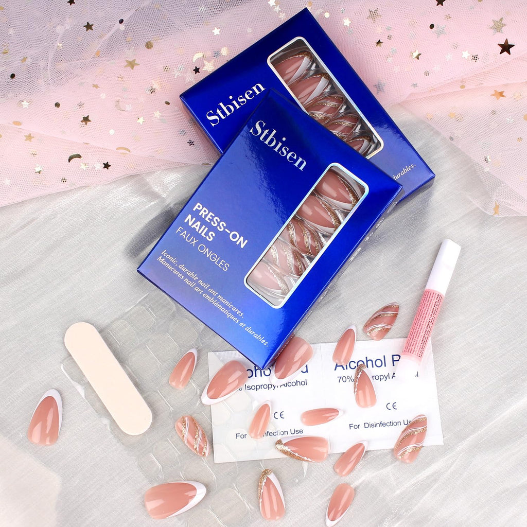 Summer French Press On Nails Short Almond, Cute Nude Pink Fake Nails with White French Tip & Brown Dot Detail, Glossy Gel Acrylic Stick On Nails, Perfect for Daily Wear & Gifts, New Packaging, 32PCS