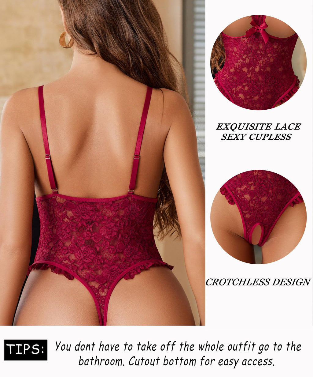 Avidlove One Piece Lingerie Sexy Teddy Ruffle V Neck Bodysuit Lace Nightie